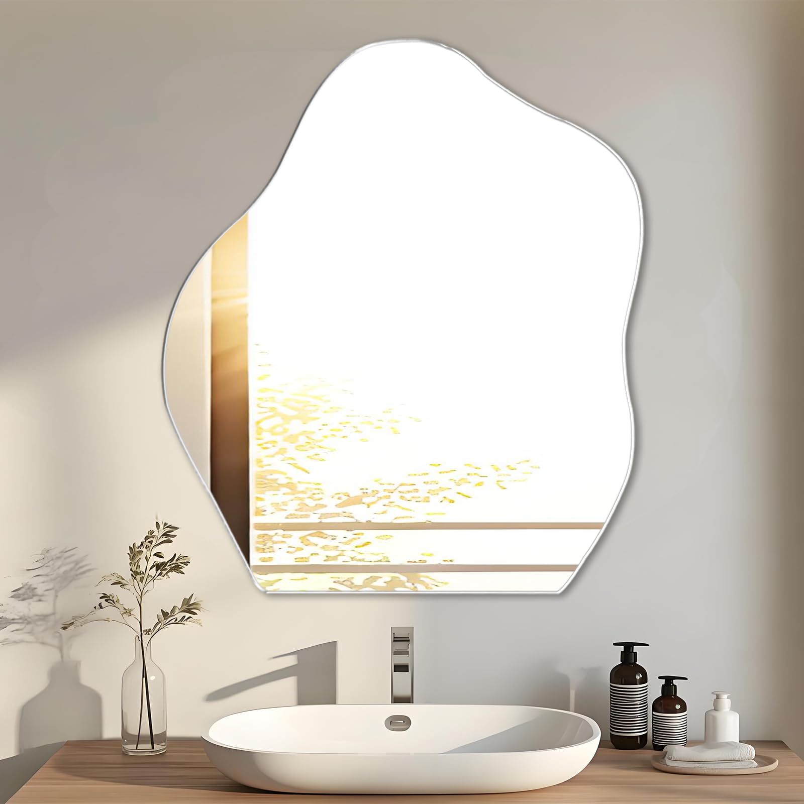 Miroir Mural Asymétrique Miroir Adhesif Mural Verre Trempé Grand Miroirs Salle de Bain, Miroirs Décoratifs Irrégulière Organique pour Chambre Porte Salon Entree (47.7 x 38cm)