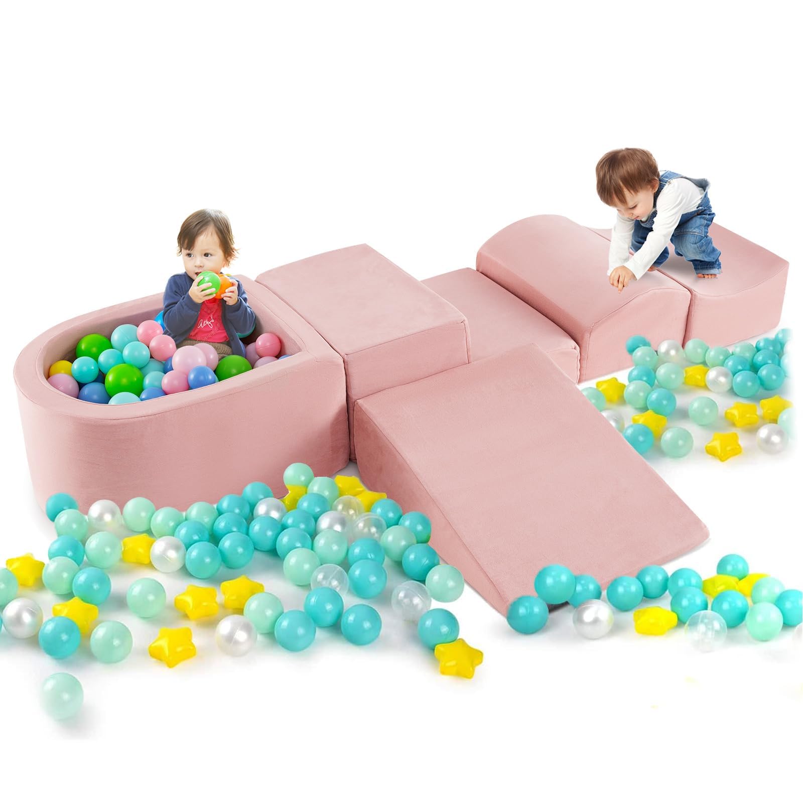 FANTASK 5 TLG. Kinder Softplay-Set, Schaumstoffbausteine mit Bällebad, Riesenbausteine zum Toben und Klettern, Schaumstoff Bausteine für Spielzimmer, Kinderzimmer (Rosa)