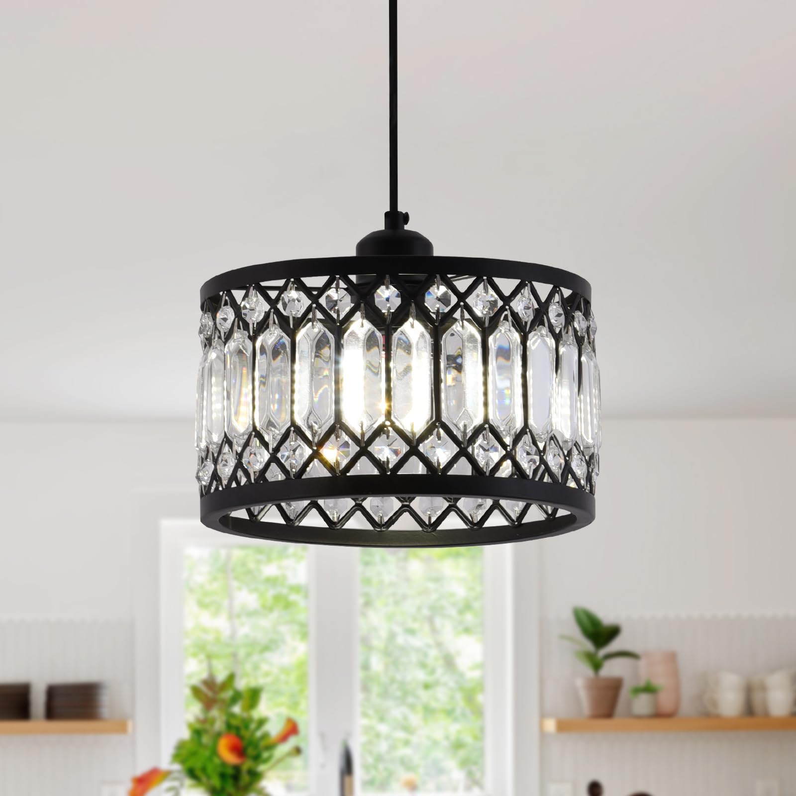 GreeLustr Crystal Black Pendant Light Fixture, Modern Hanging Ceiling Light Adjustable Height, Round Hallway Pendant Lighting for Entryway Dining Room Bedroom, 1-Light, E27 (Bulb not Included)