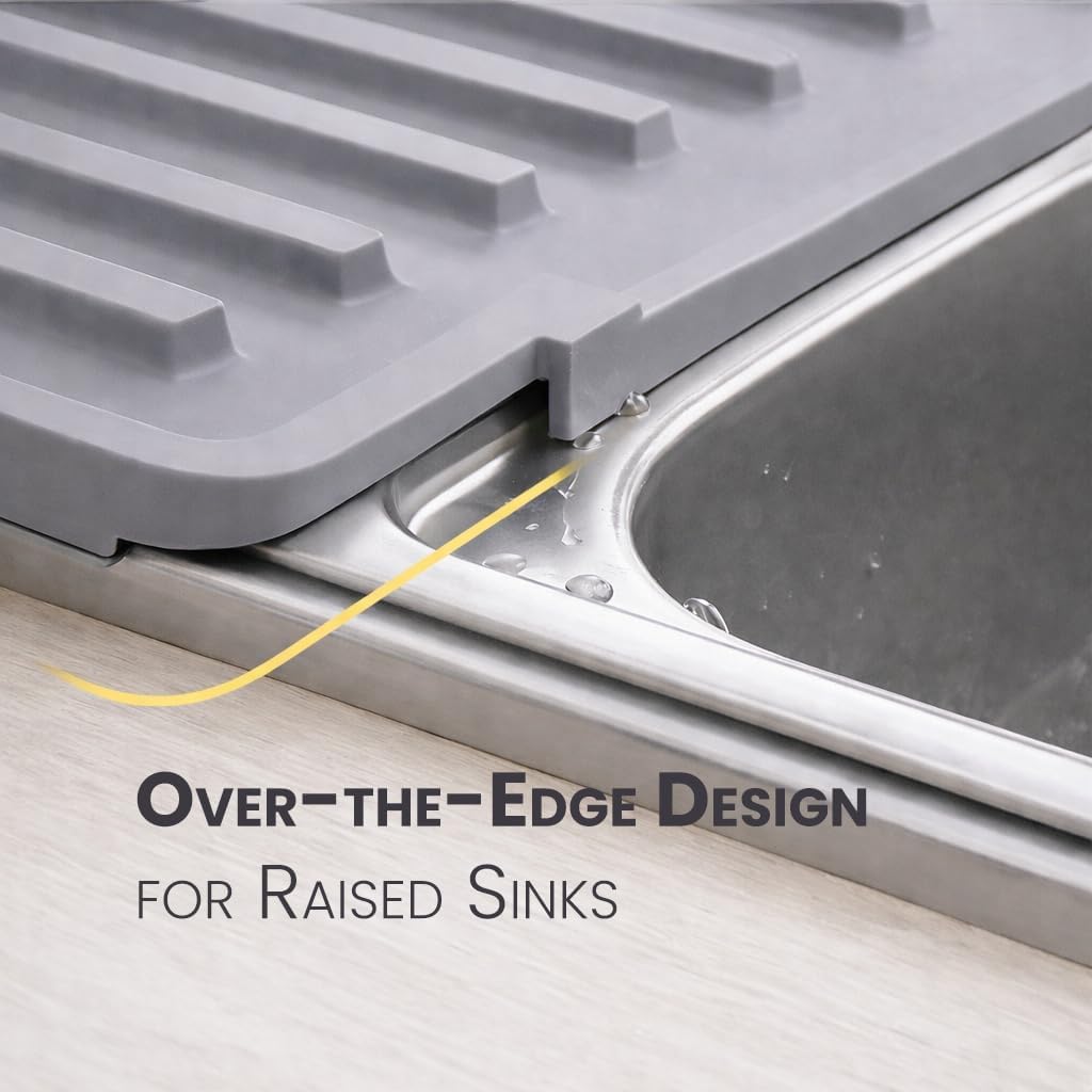 Mistifi Self-Draining Silicone Dish Drying Mat for Counter | Extra-thick, non-slip and heat-resistant mat with an over-sink drain design that keeps kitchen counters dry