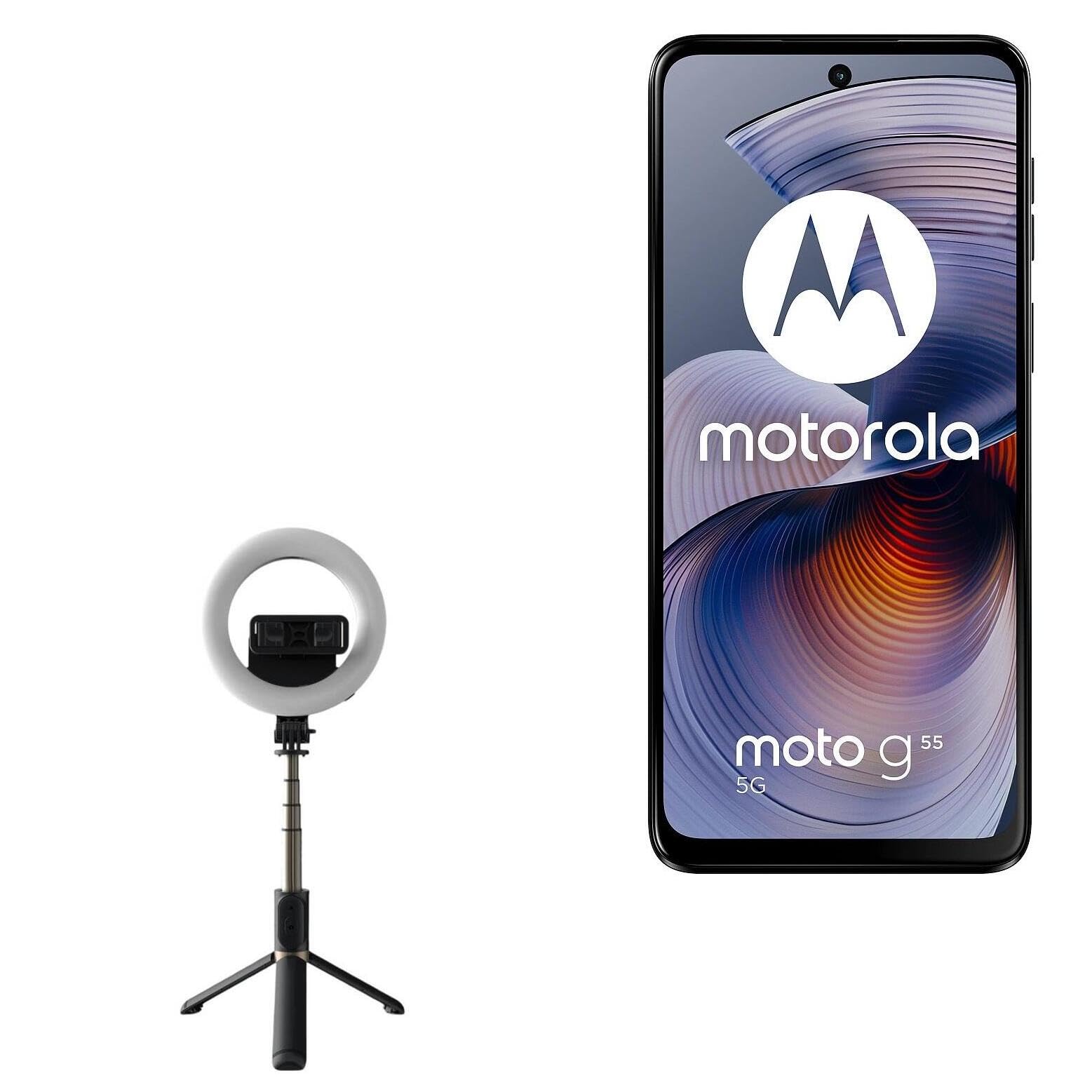 BoxWave Stand and Mount Compatible with Motorola Moto G55 - RingLight SelfiePod, Selfie Stick Extendable Arm with Ring Light - Jet Black