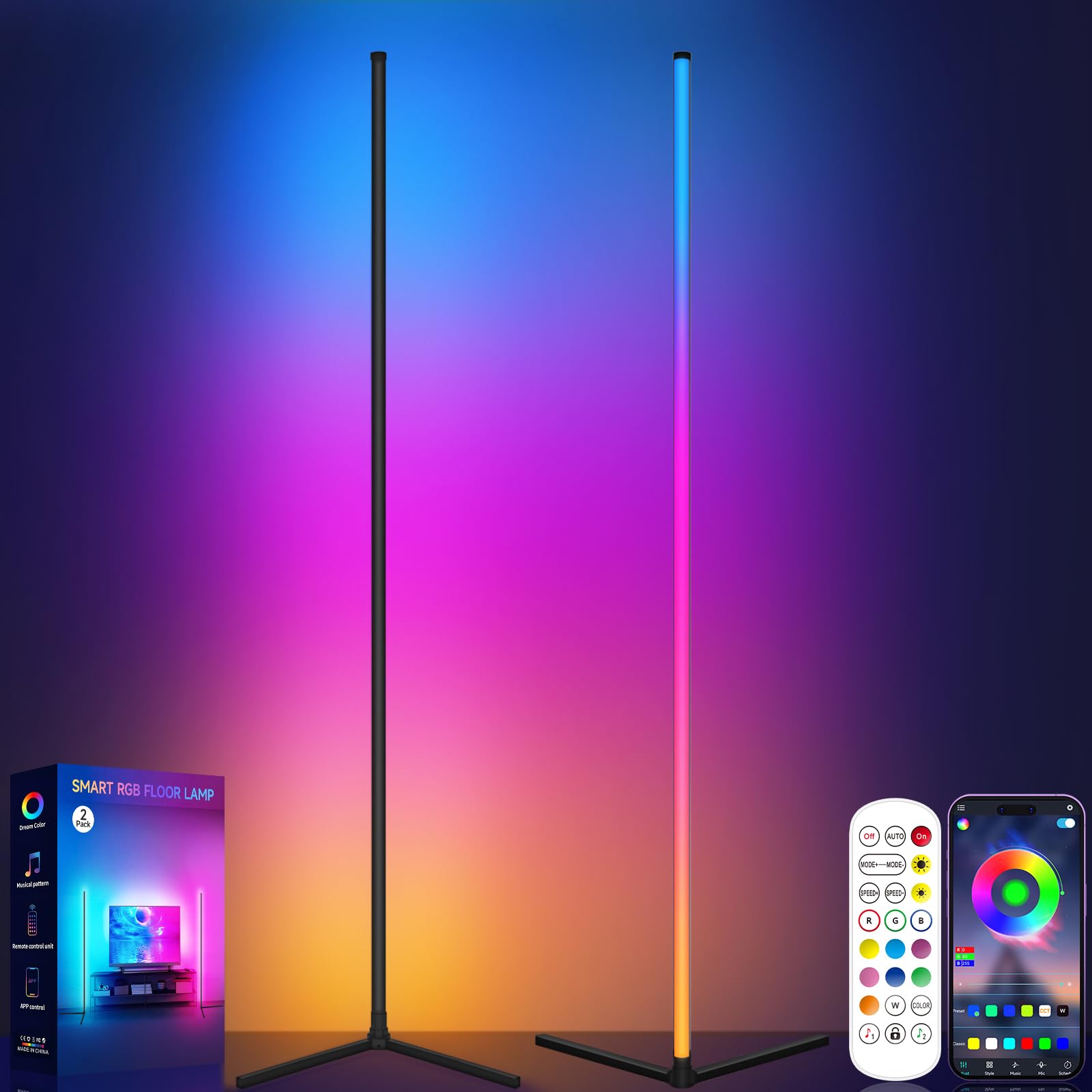 Tyute Corner Floor Lamp, Smart RGB LED Corner Lamp, Dimmable Colour Changing Standing Light with APP & Remote Control