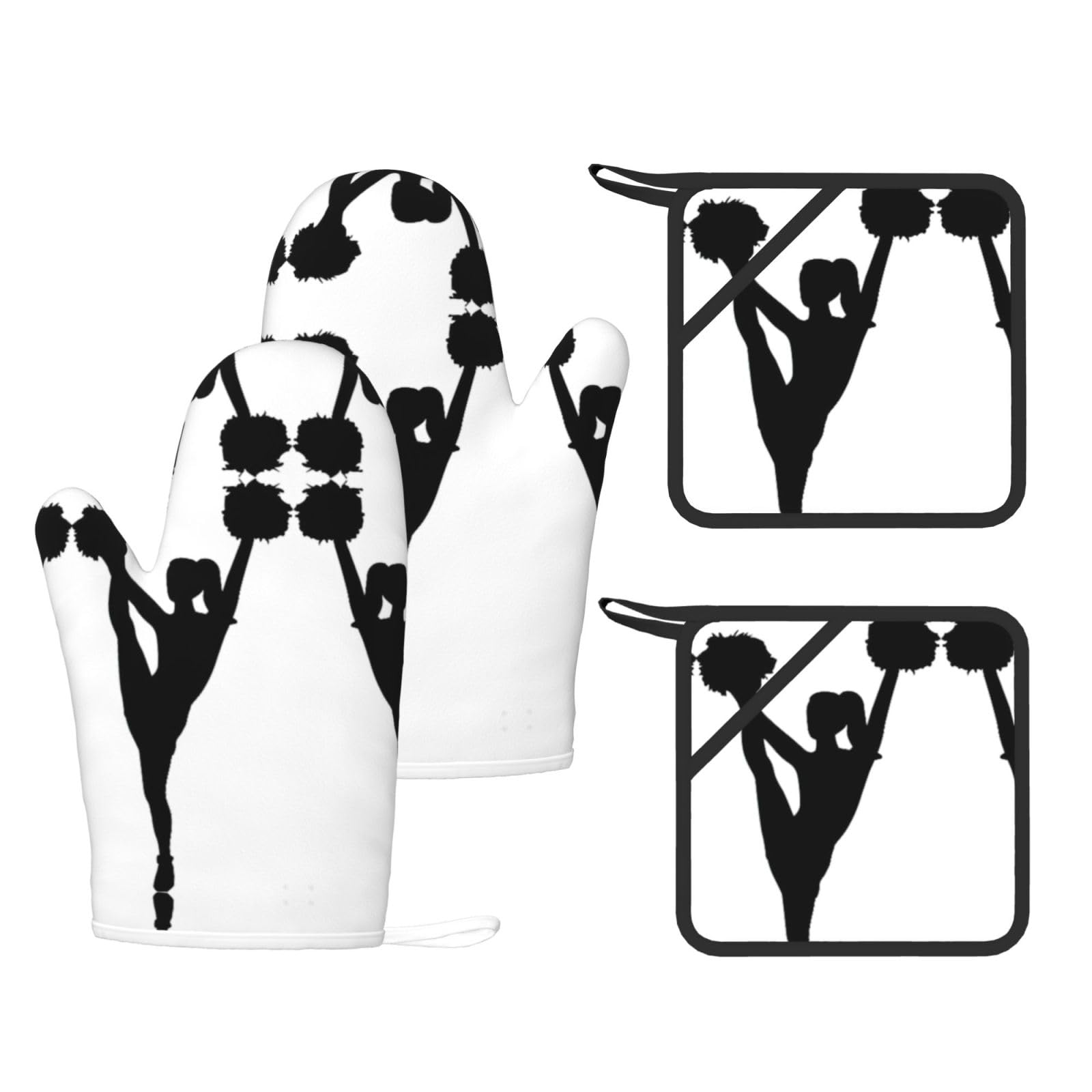 Eeprty Black Cheerleader Printed Kitchen Oven Gloves And Potholder 4 Pcs, Non-Slip Heat Resistant Mitts For Baking Chef