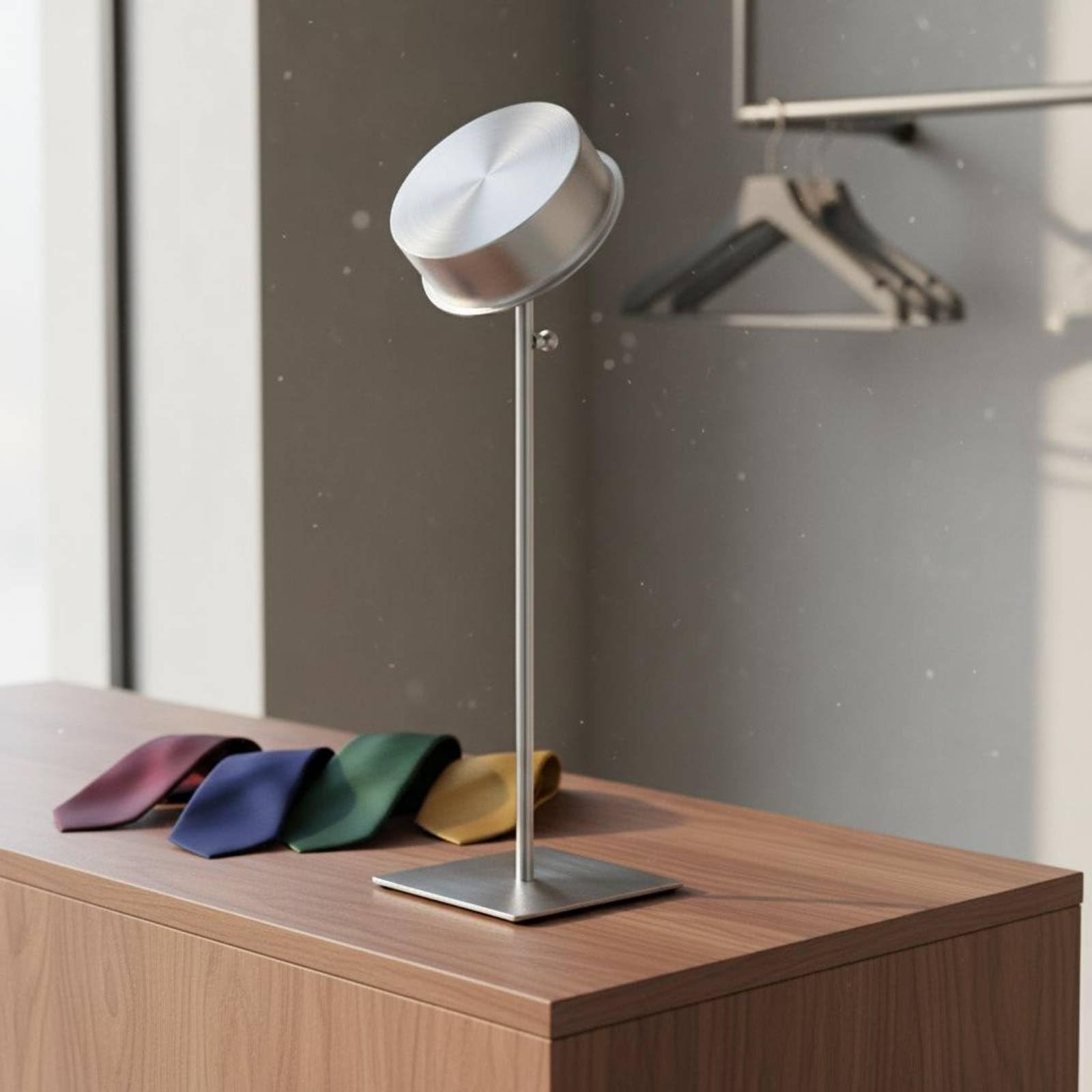Krawattenständer Krawattenhalter Aussteller Präsentationsständer Halterung aus Edelstahl Und Holz mit Verstellbarer Höhe 40cm Bis 65cm für Boutique, Silber