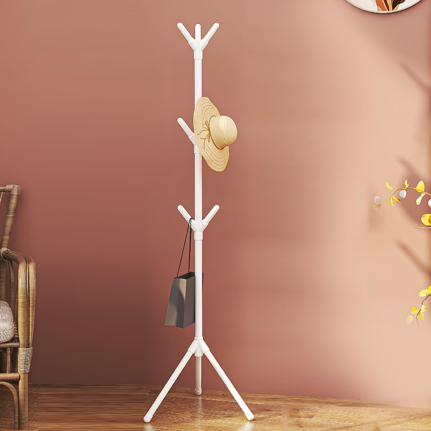ADA Premium Freestanding Coat Rack with 9 Hooks | Coat Hanger Stand |Tree Clothes Stand for Clothes, Hats, Bags, Jacket, Umbrella, Home Decor for Entryway, Hallway, Bedroom, Office - White, Metal, Cm