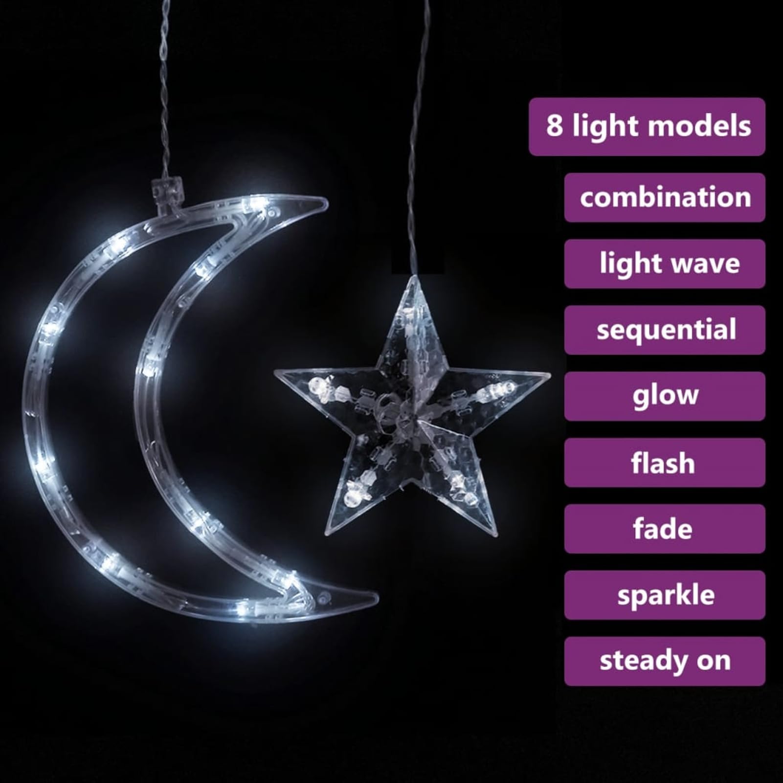 Homgoday Guirnalda de luces con mando a distancia con estrella y luna, iluminación navideña, decoración de Navidad, ventana, cortina de luces, para Navidad, fiesta, decoración, boda, jardín, balcón