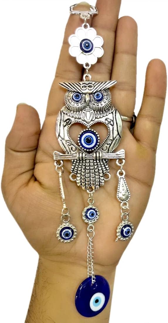 DT DECTONE Blue Turkish Evil Eye Nazar Battu Owl Lucky Pendant Hanging Ornament Amulet for Car, Home & Office Protection and Blessing from Negative Energyโฆ