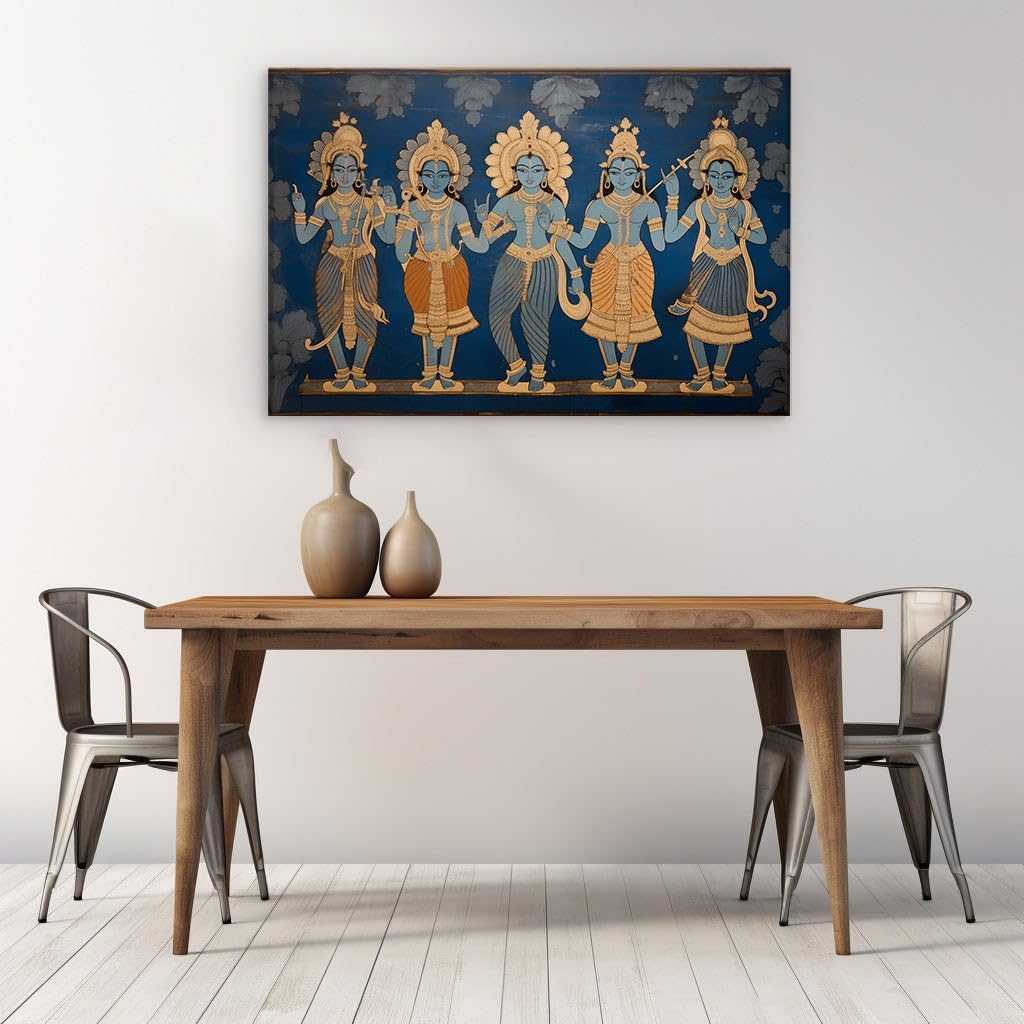 Canvas for Living room. Divine Serenity in Blue and Gold: Unveiling the Mystical Essence of Hindu Deities, 27 x 18 inch Canvas Wall Art - Ready to Hang