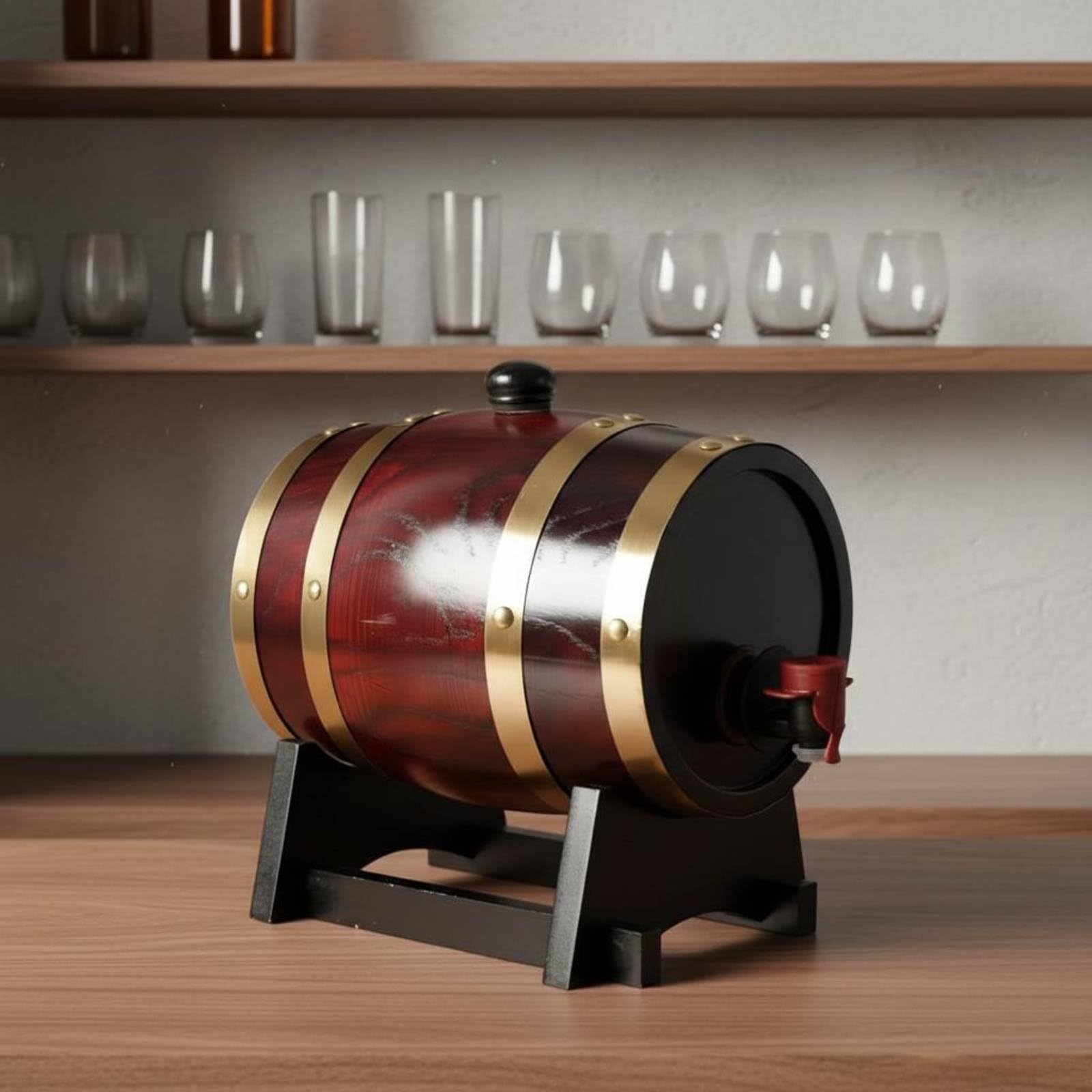 Baoblaze Botte da Vino Botte Botte di Liquore Barile di Legno con Rubinetto in Legno Duro per Conservazione E Servizio Finitura Liscia con Cerchi in Metallo E, Rosso Vino, 5L