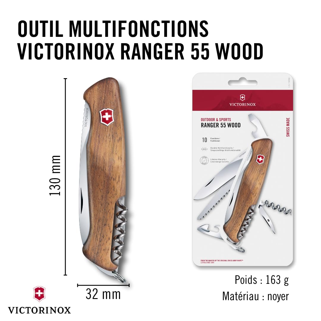 Victorinox Ranger Bois 55 Couteau de Poche Suisse, Multitool, 10 Fonctions, Lame Fixe, Tire Bouchon, Bois