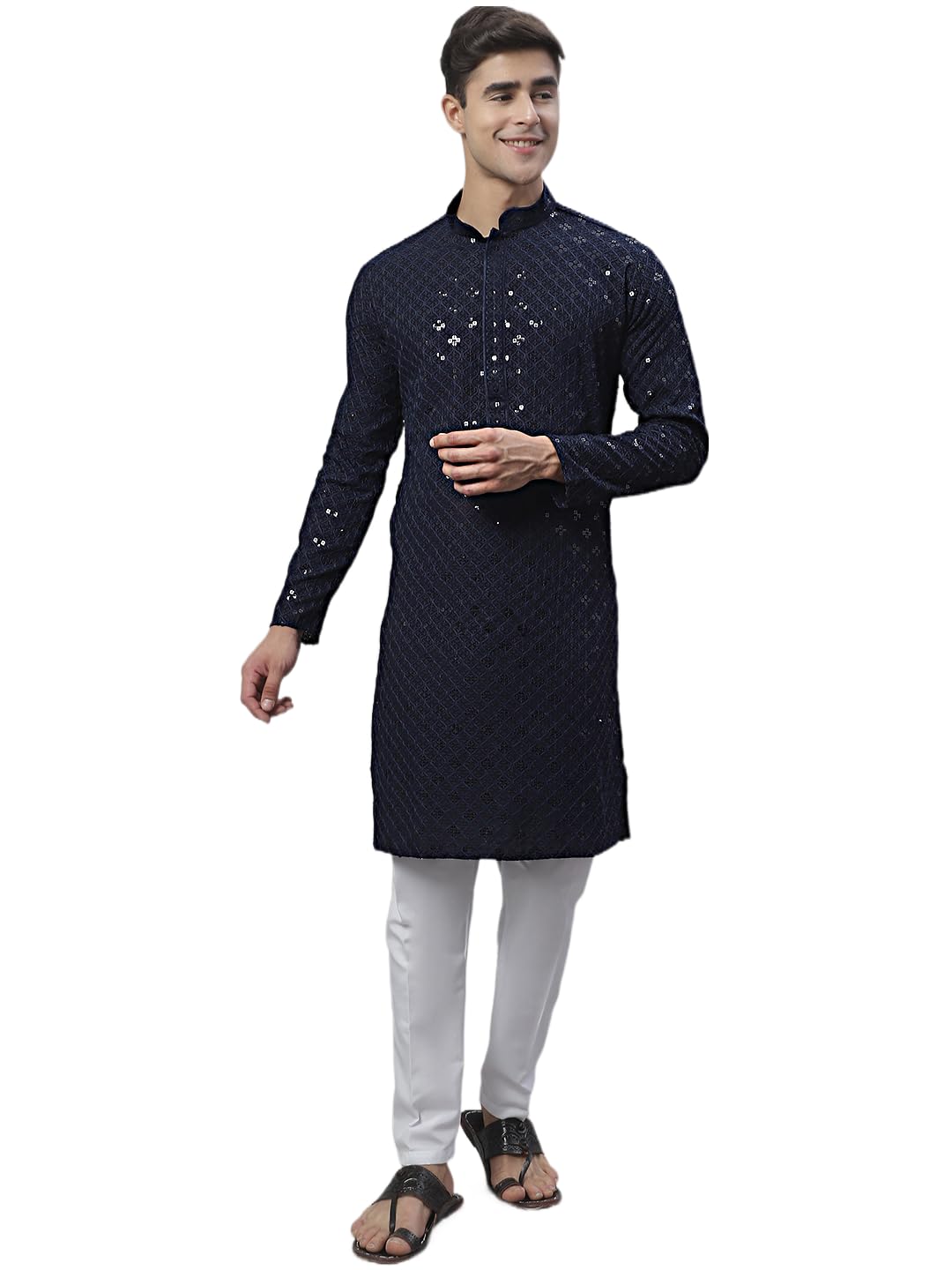 Jompers Men's Chikankari Embroidered And Sequence Kurta With Pyjama (Navy, M)