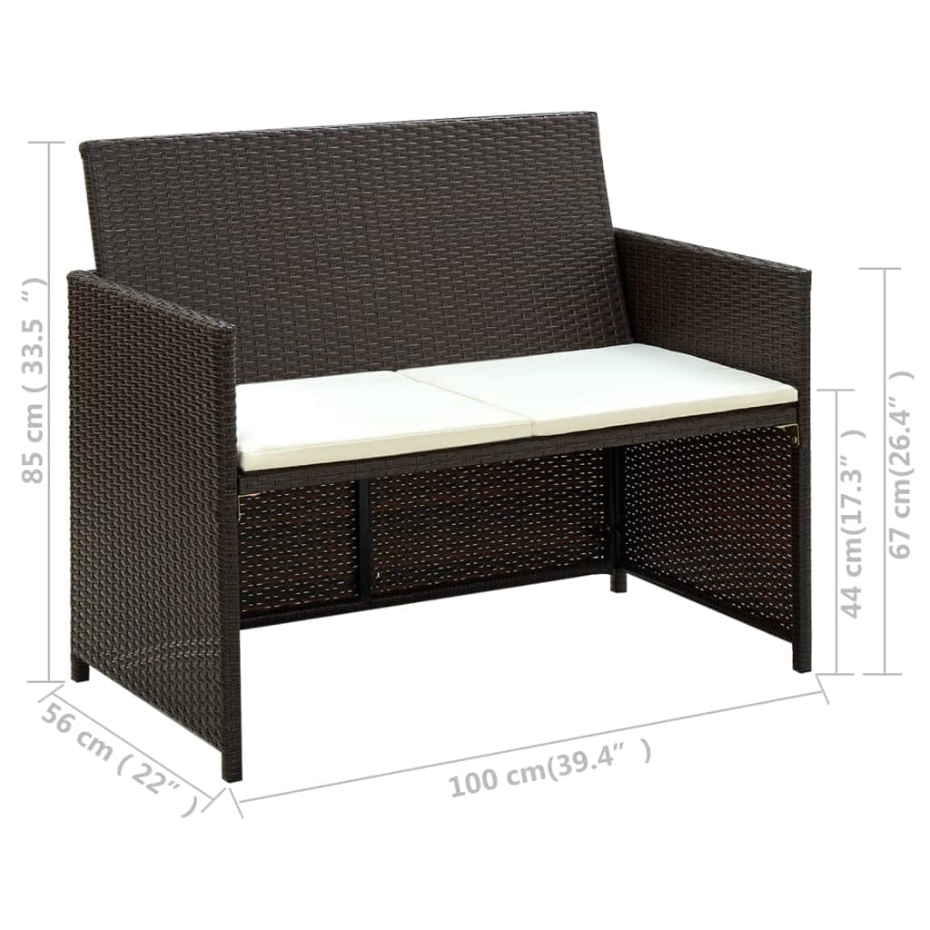 Divano da giardino a 2 posti, marrone, in rattan sintetico, con cuscini rimovibili, telaio in acciaio verniciato a polvere, resistente alle intemperie, ideale per balcone, terrazza, lounge