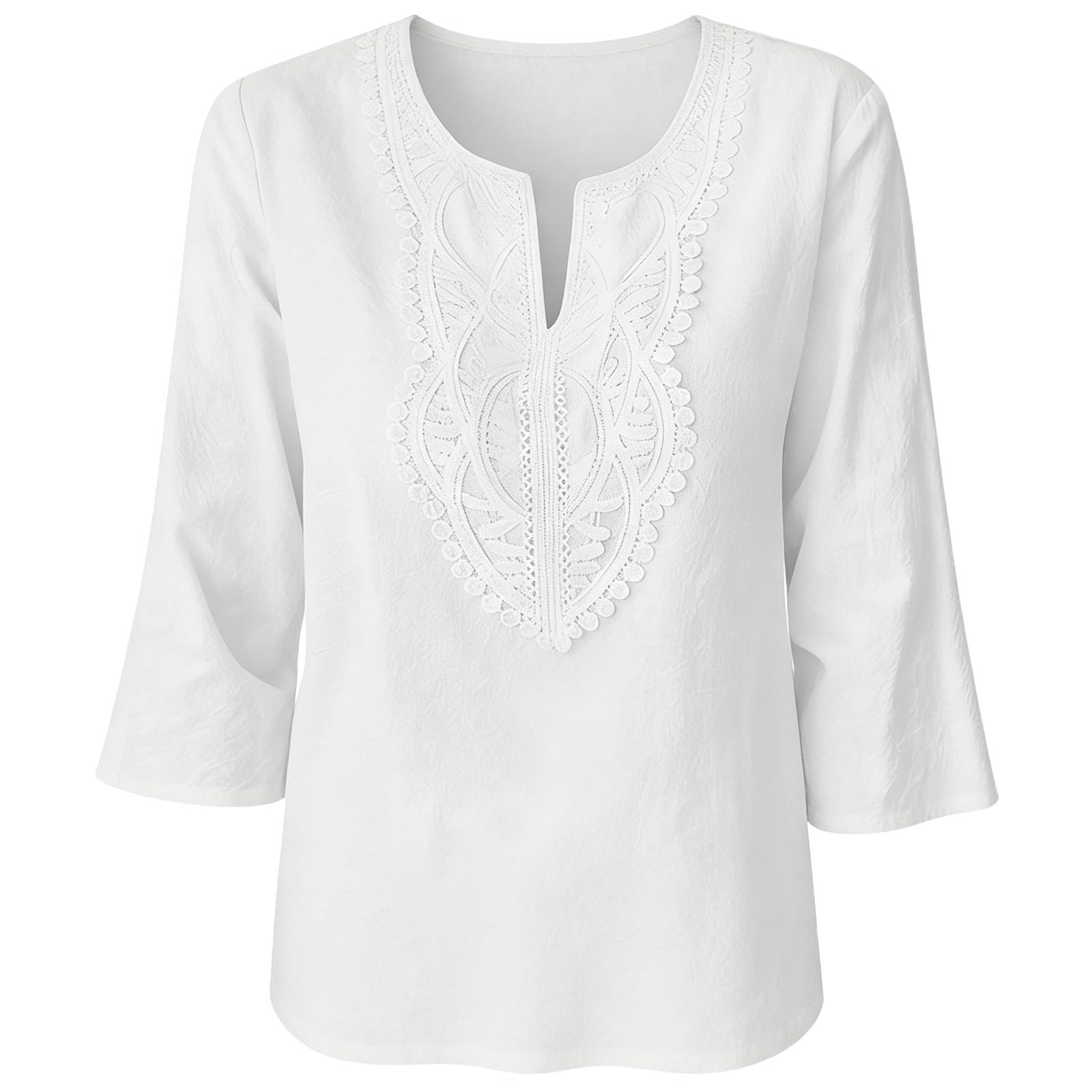 2026 - Top da donna in lino con maniche a 3/4, scollo a V, camicie casual da vacanza, vestibilità larga, tunica da contadina ricamata in stile bohémien, sottile, traspirante, oversize, da