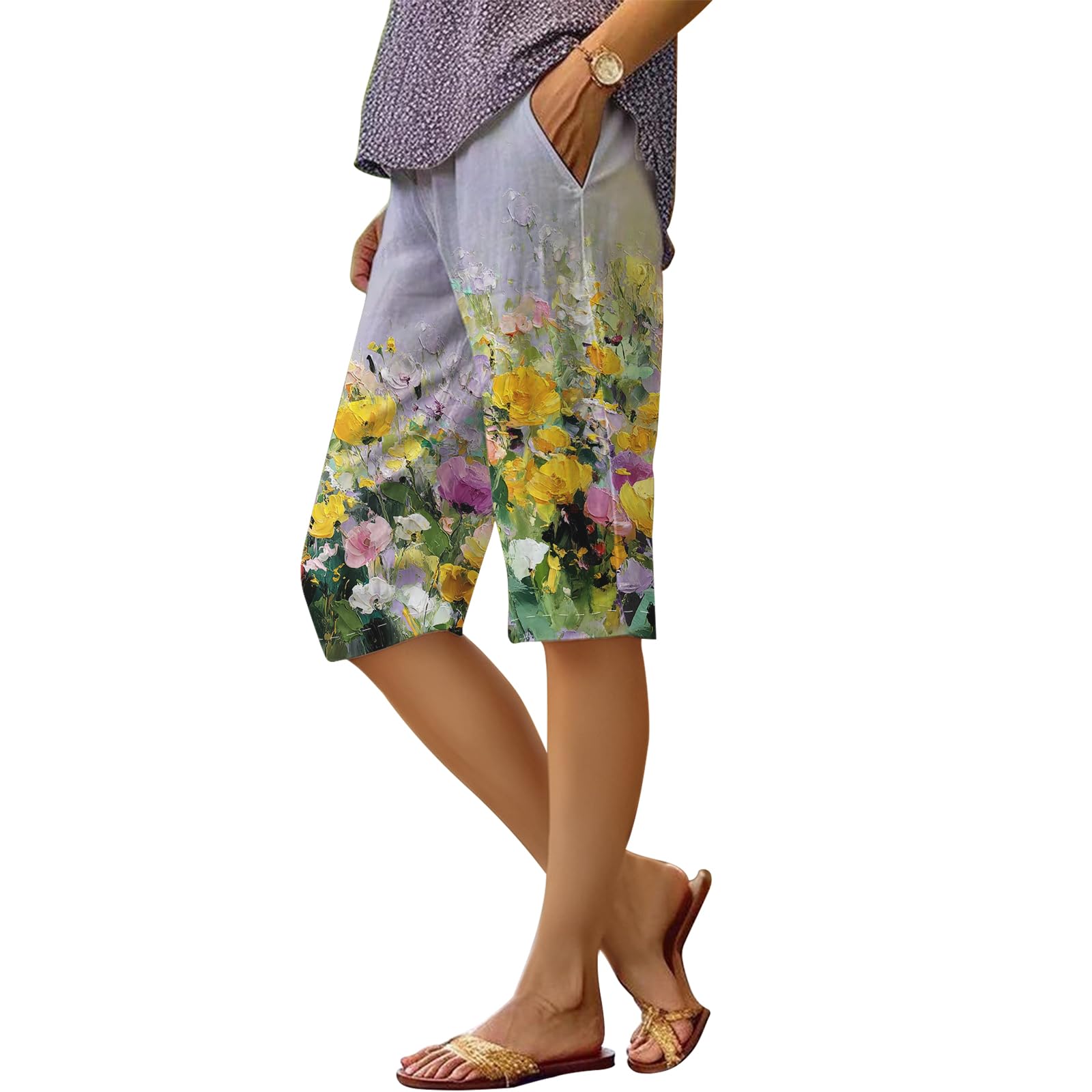 Womens Summer Beach Bermuda Shorts Floral Oil Painting Loose Casual Knee Length Wide Leg Gym Athletic Pants with