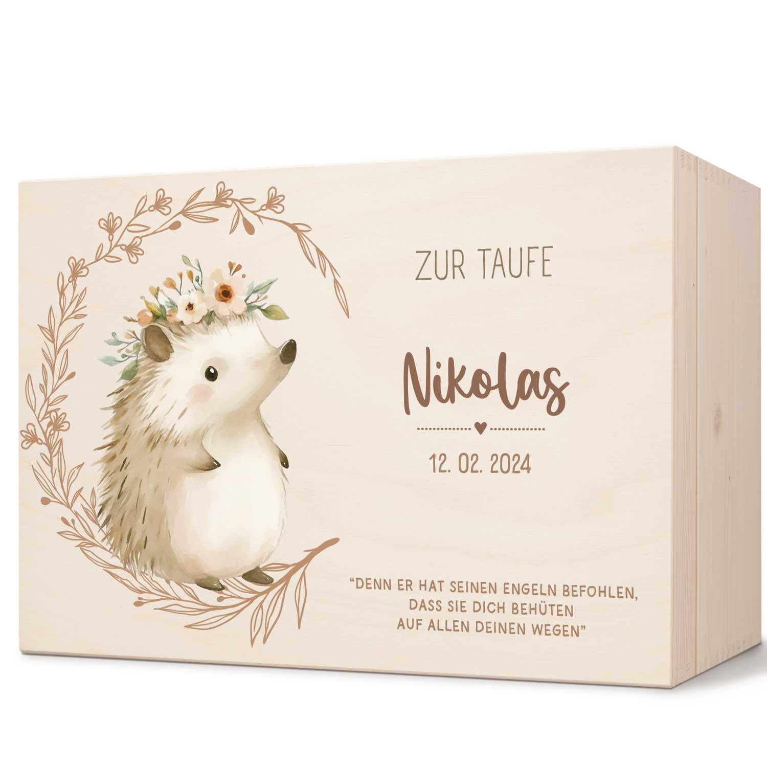 GRAVURZEILE Bedruckte Erinnerungskiste - Tiere Taufe - Personalisiert mit Name & Datum - Erinnerungsbox für Mädchen & Jungen - Geschenk zur Kommunion, Konfirmation & Taufe - Farbe: Igel