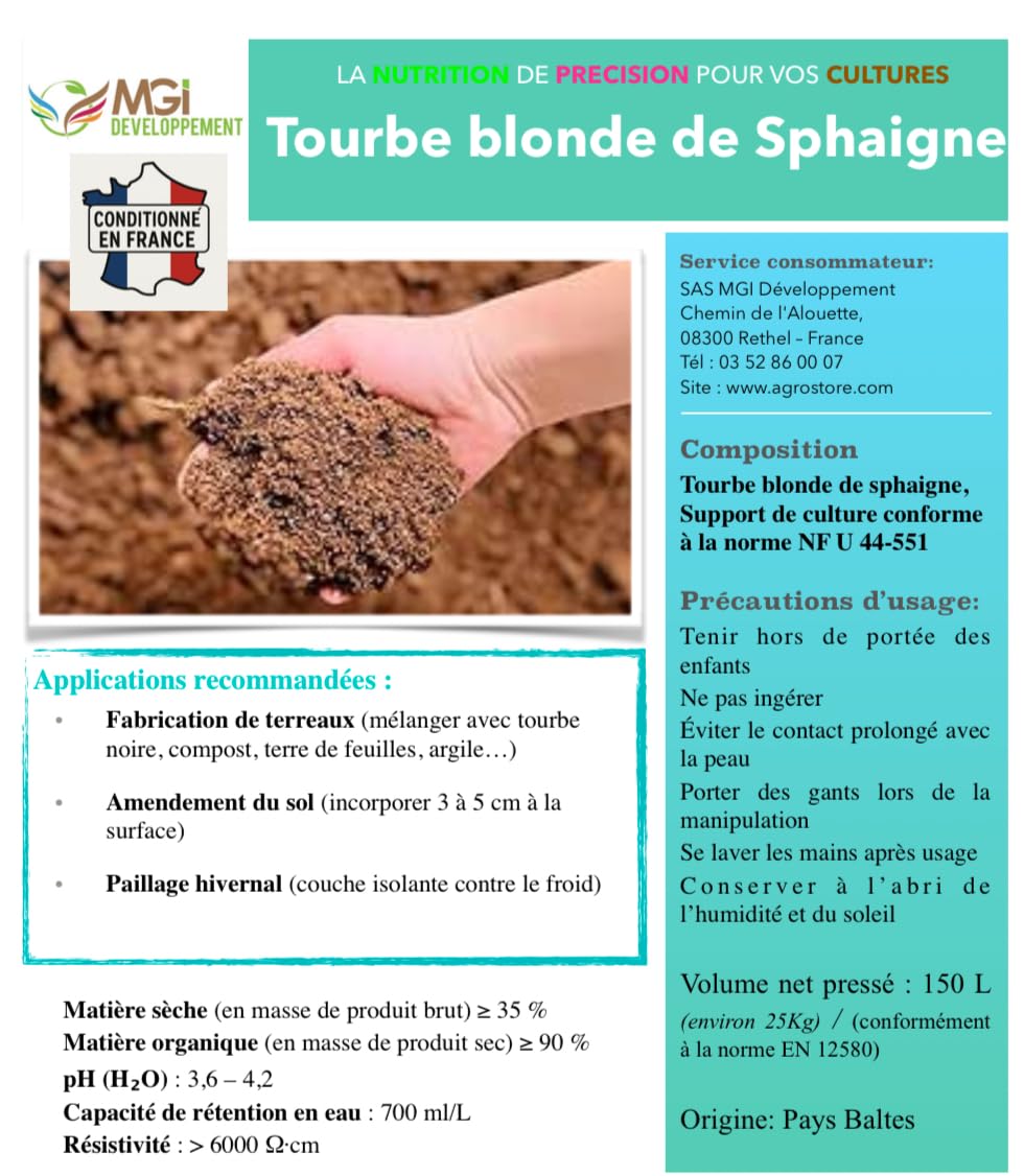 Tourbe Blonde de sphaigne 150L (Environ 25 kg) – Support de Culture Naturel – Fabrication terreau, paillage, amendement – Conforme NF U 44-551- Disponible également 8kg et 4kg