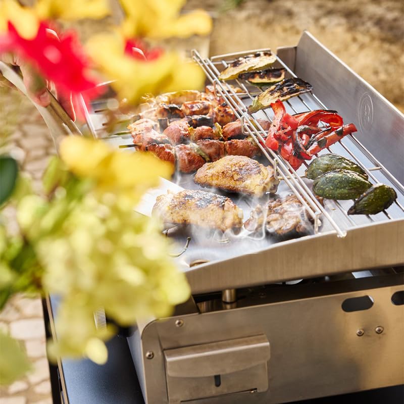 BRASERO - Plancha Silvia EVO 3 Feux Brasero - Plaque Inox de 67 x 34 cm - 3 brûleurs - Grille de réchauffement - Piezo intégré - Tiroir Graisse avec jauge de niveu - Jusqu'à 10 convives - 7,95 KW