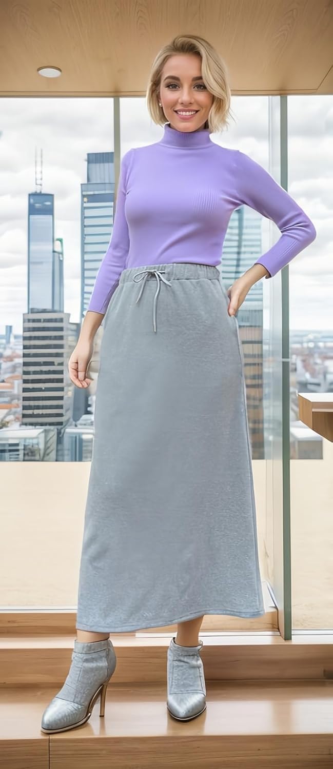 ADWAXDA Women Long Fleece Lined Skirt Warm Thick Autumn Winter Skirts Elastic Waist A Line Flared Maxi Skirt with Pockets - Image 4