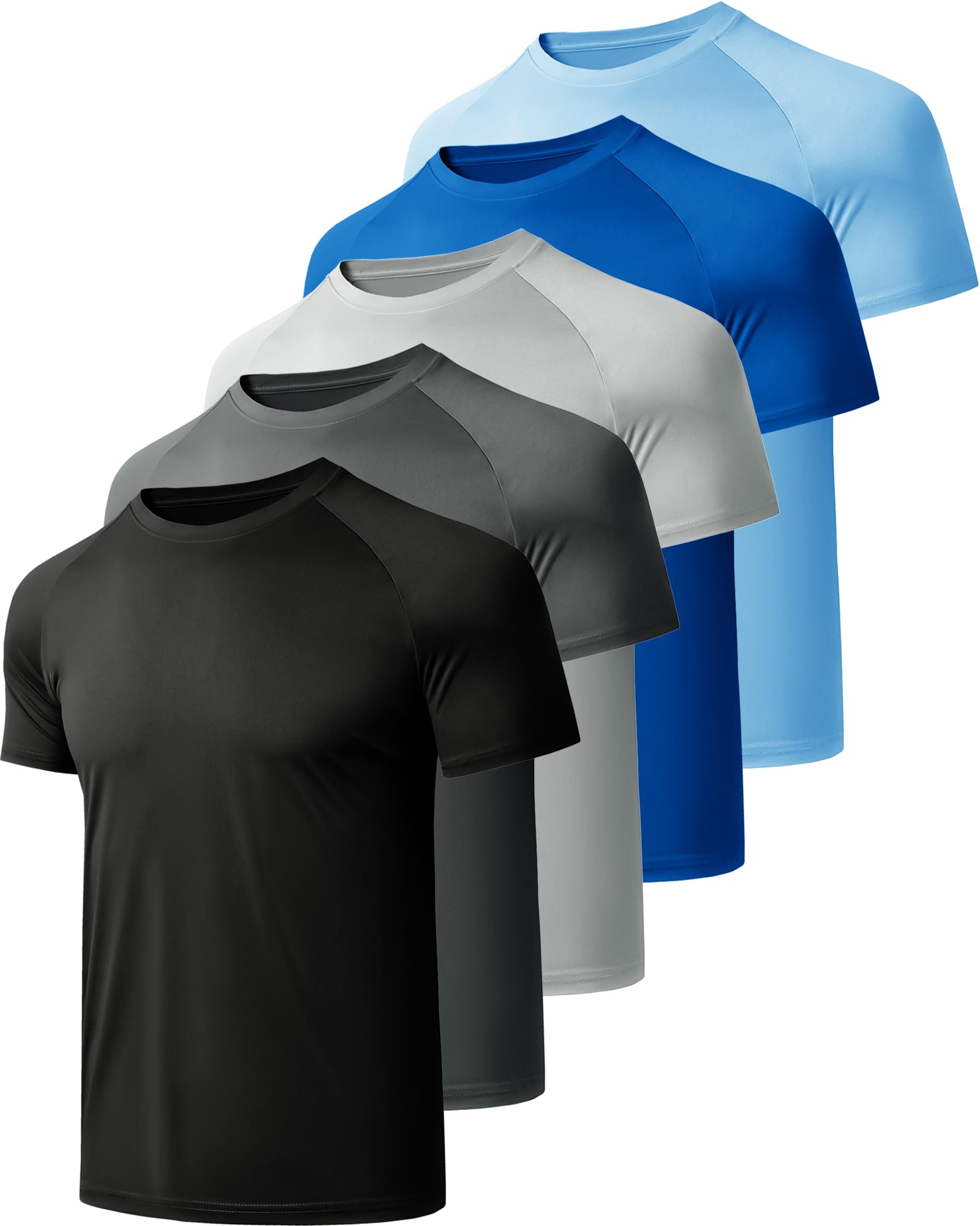 CE' CERDR Camisas de entrenamiento para hombre, de secado rápido, de manga corta, atléticas, Paquete de 5 unidades, negro, gris oscuro, gris claro, azul, azul claro, Large