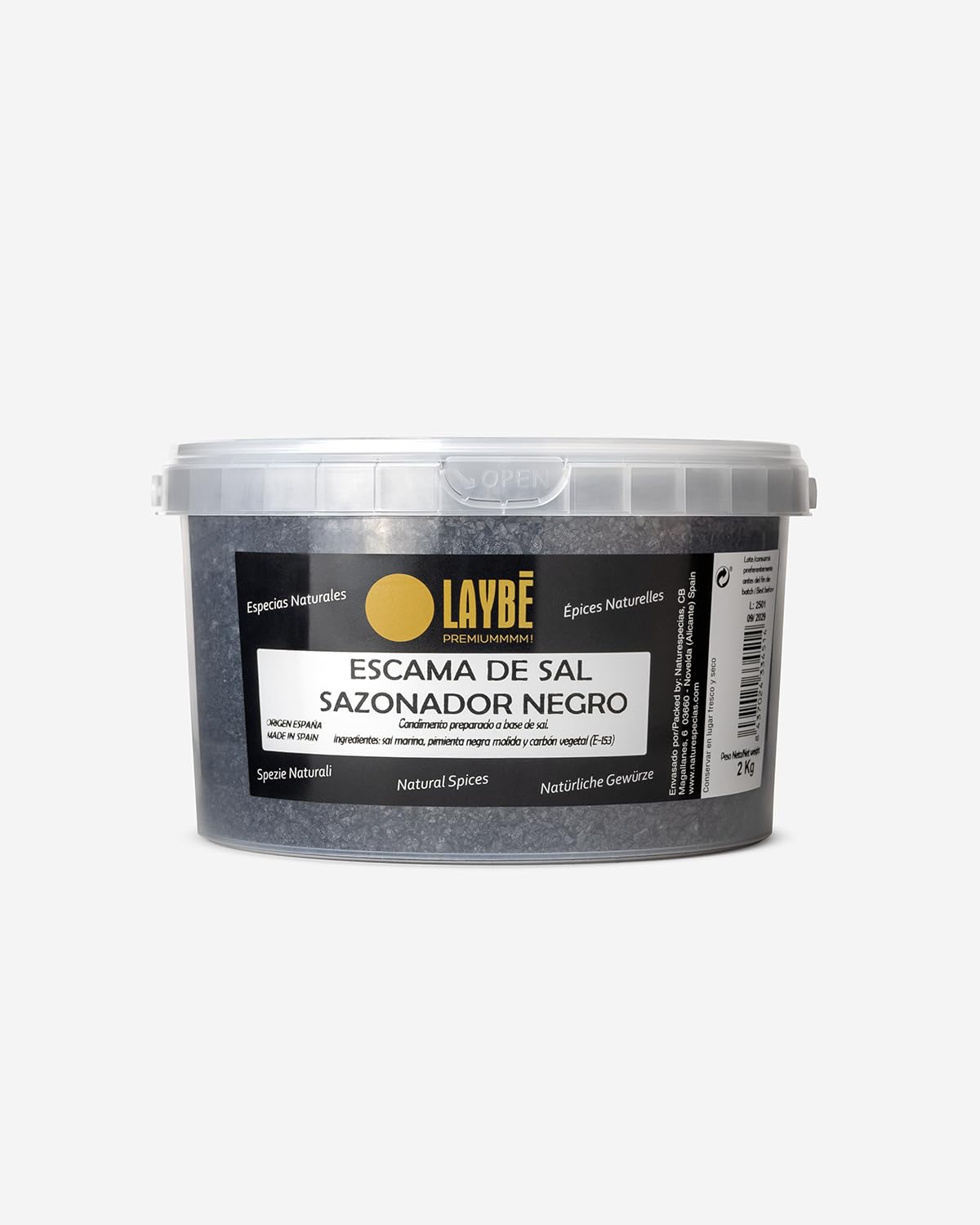 LAYBÉ - Sal Negra en Escamas 100% Origen España, con Pimienta Negra y Carbón Vegetal - Cubo de 2kg