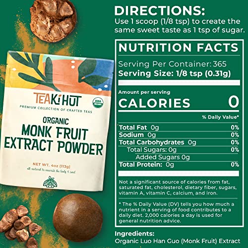 Teaki Hut Organic Monk Fruit Sweetener, 4Oz (113G) 365 Servings, No Fillers Pure Usda Organic Monk Fruit Extract With No Aftertaste, Zero Calorie & Zero Carbs, Keto & Paleo Friendly #TOP3