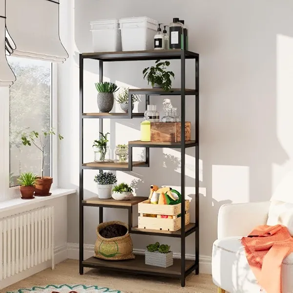 Beskadi Solid Wood Industrial Tall Bookshelf - 7 Tier Staggered Bookshelves, 55’’H Rustic Brown Vintage Bookcase, Free Standing Open Bookshelf, Shelving Units Organizer for Bedroom Office Living Room.