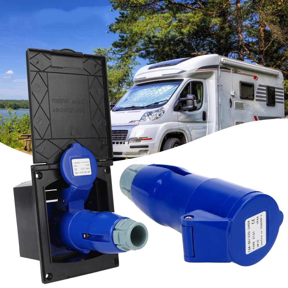 Riloer Prise et fiche de connexion 220V 16A pour véhicules récréatifs avec borne en cuivre pur, prise d'accessoires de caravane avec couvercle de protection, pour camping-car, remorque caravane