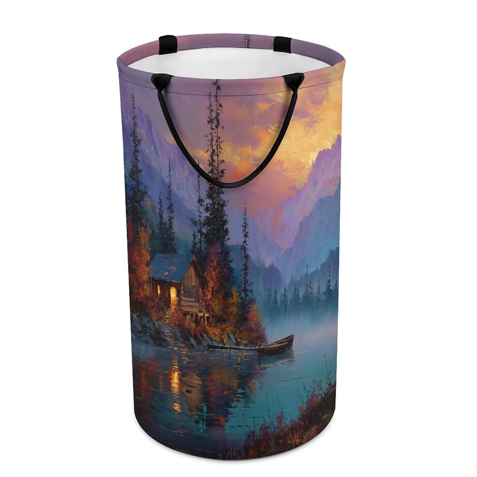 LUYYSKY Classic Abstract Log Cabin Versatile Storage Laundry Basket, Modern Oil Painting Natural Lanscape Sunset Mountain Lake Barn Large Capacity Bathroom Hamper With Handle