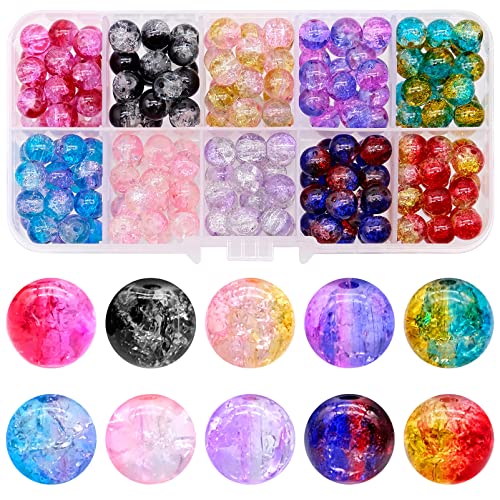 YHSWIN Lot de 200 Perles de Verre Craquelées, 8mm Colorées Mixte Perles Rondes en Verre avec Boîte de Rangement, pour Collier, Bracelets et Fabrication de Bijoux (10 Couleurs) Cover