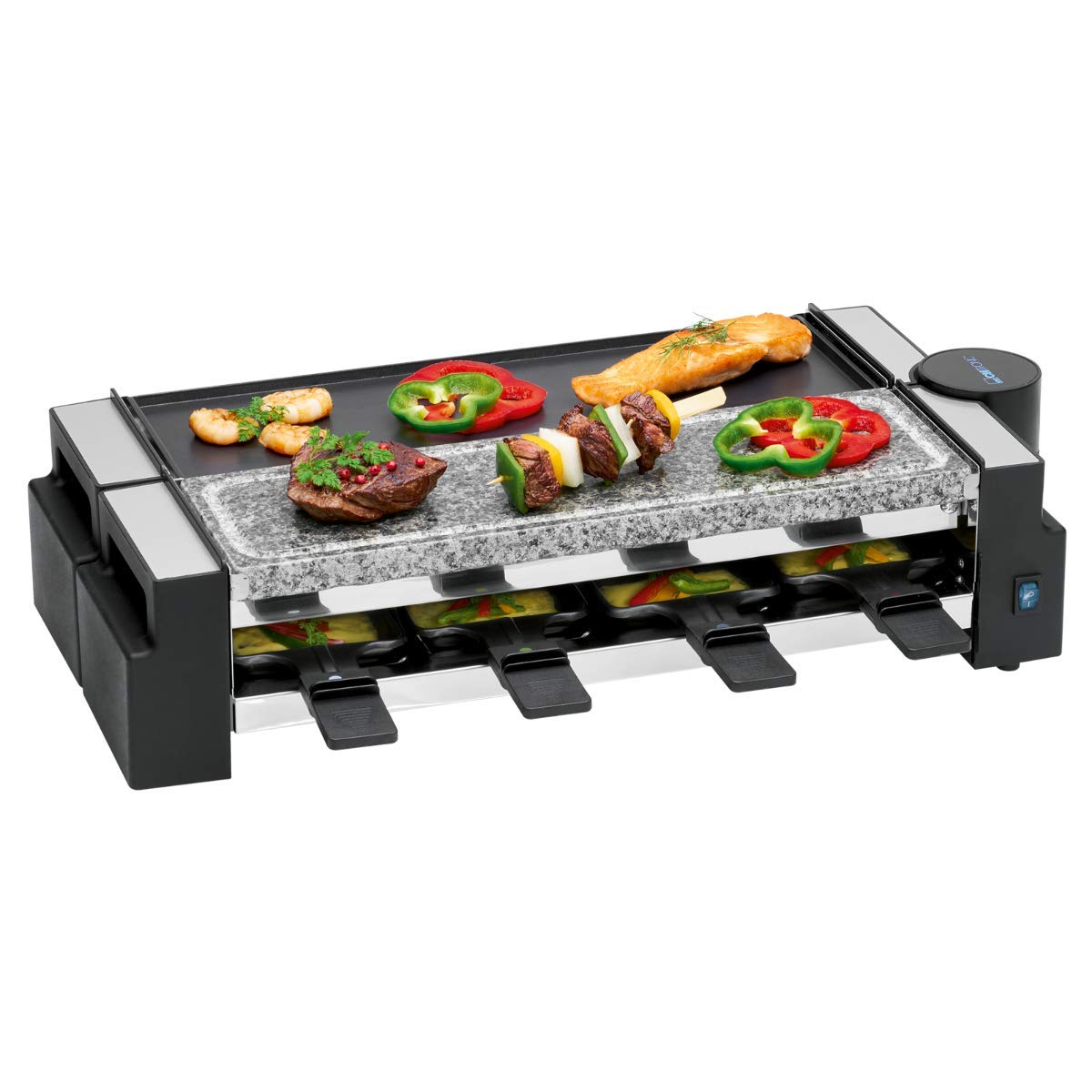 Clatronic RG 3678, 2 w 1 grill raclette, naturalny kamień do grillowania i płyta odlewana z odlewu obrotowego, przegub obrotowy 180°, 8 patelni, może być również stosowany jako raclette dla 4 osób,