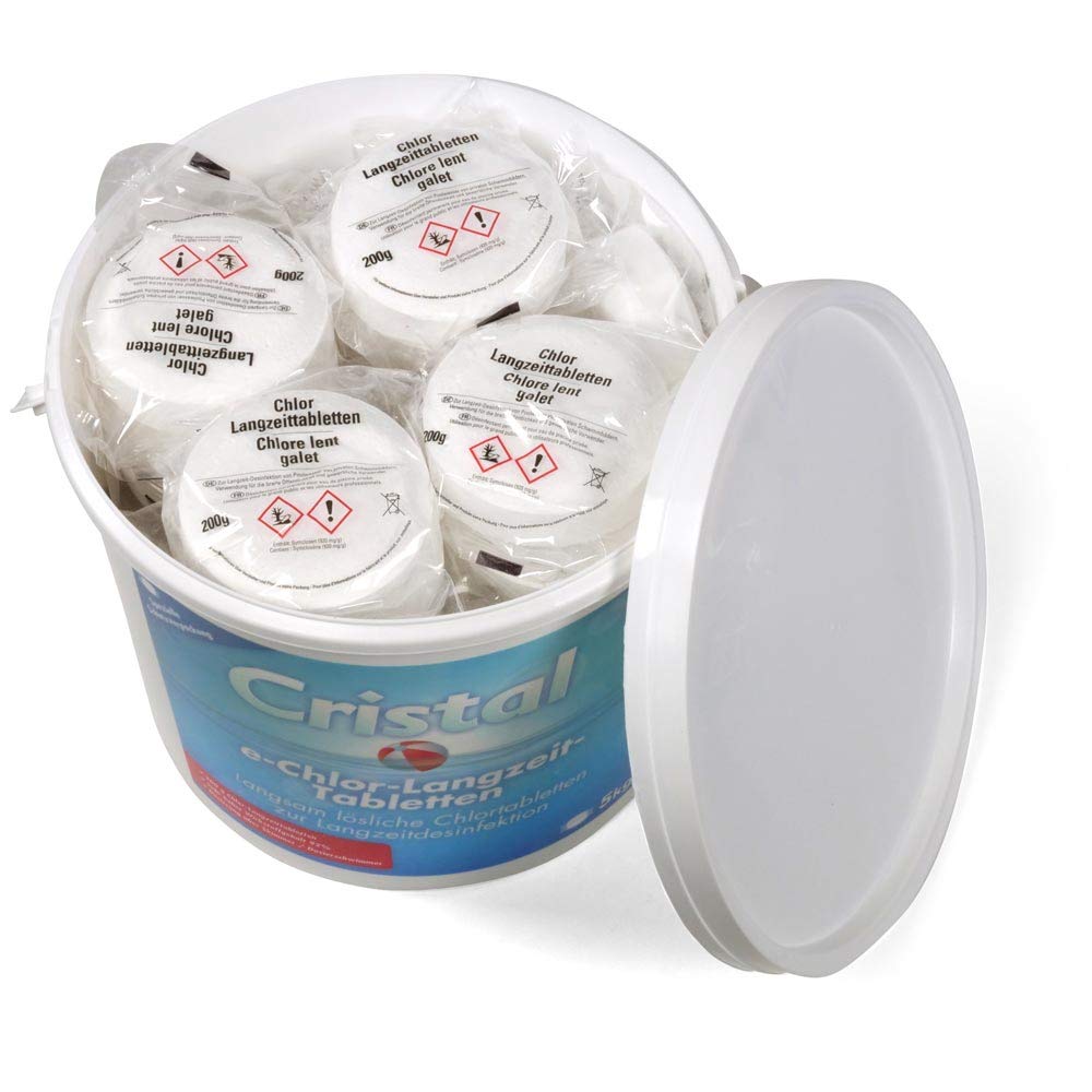 Cristal e-Chlor Langzeit-Tabletten 5 kg - 200 g Chlortabletten - Langzeitdesinfektion - Pools ab 20.000 l - Langsam löslich - Hoher Aktivchlorgehalt