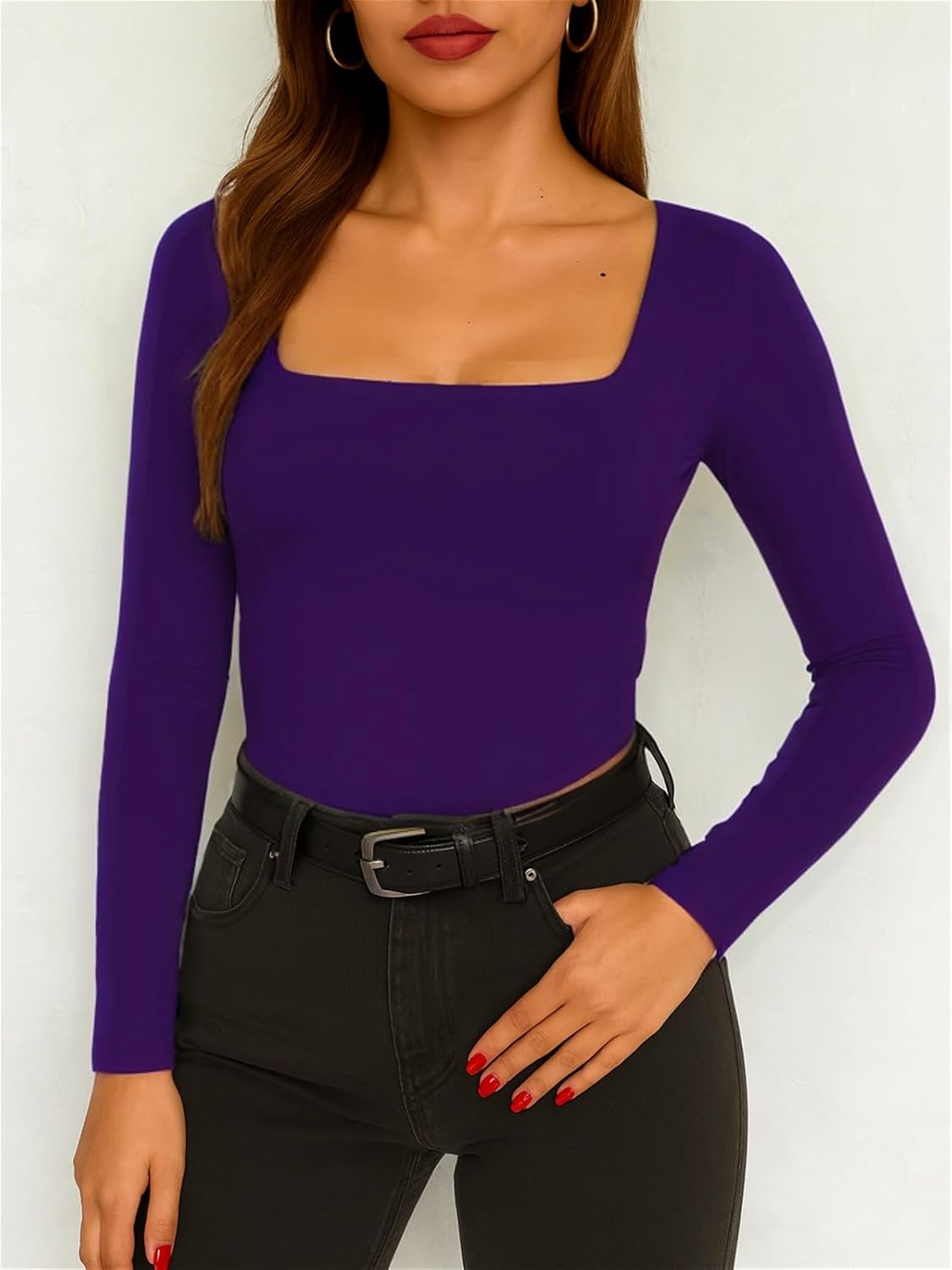 ForeFair Women Square Neck Long Sleeve Going Out Tops Tight Double Lined Basic Tees Shirt - Image 6