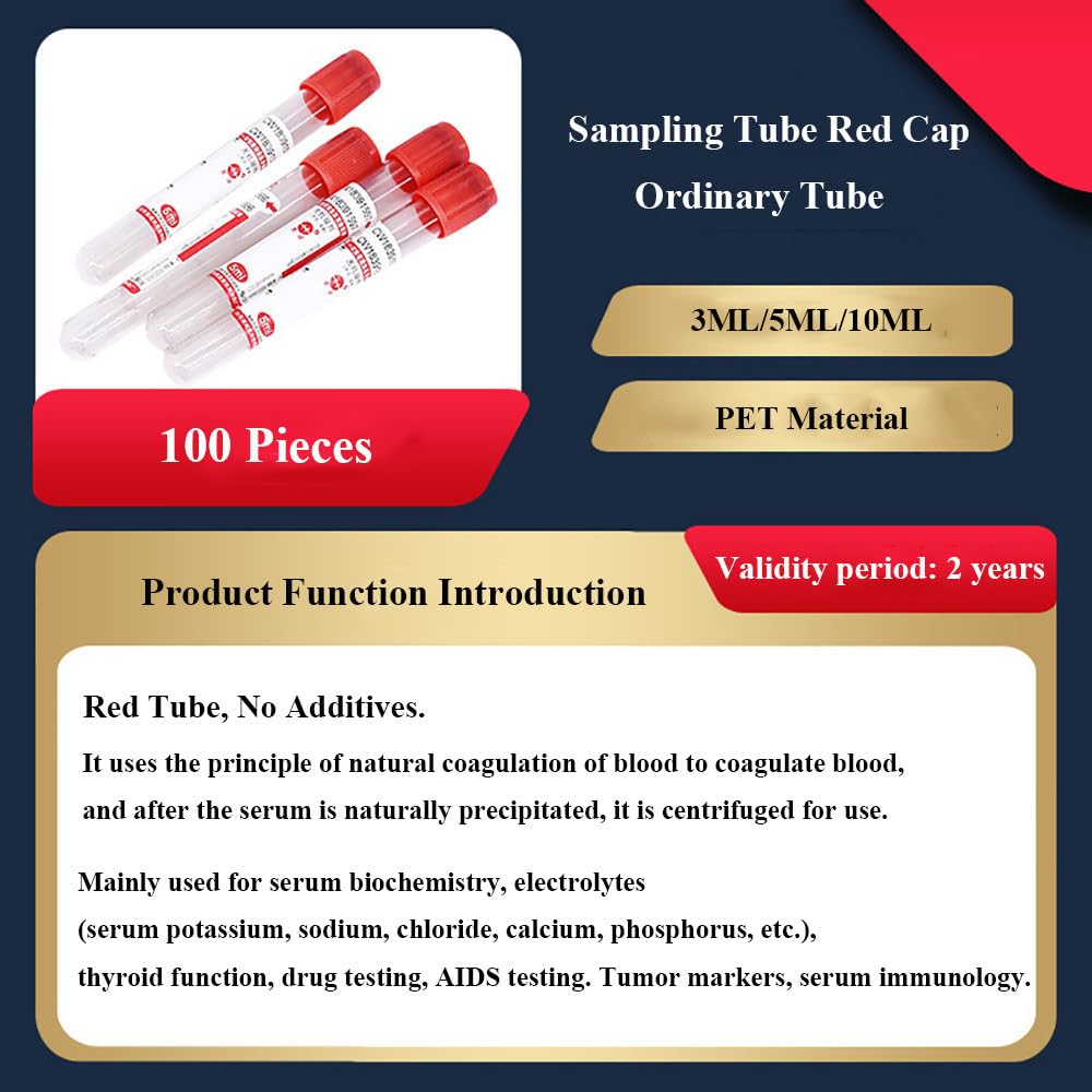 Provette per Prelievo del Sangue Vacutainer,Provetta Ordinaria Red Hat,3ml/5ml/10ml,100 Pezzi,Materiale Pet,Senza Additivi,Prelievo del Sangue A Pressione Negativa,per Laboratori,10ML