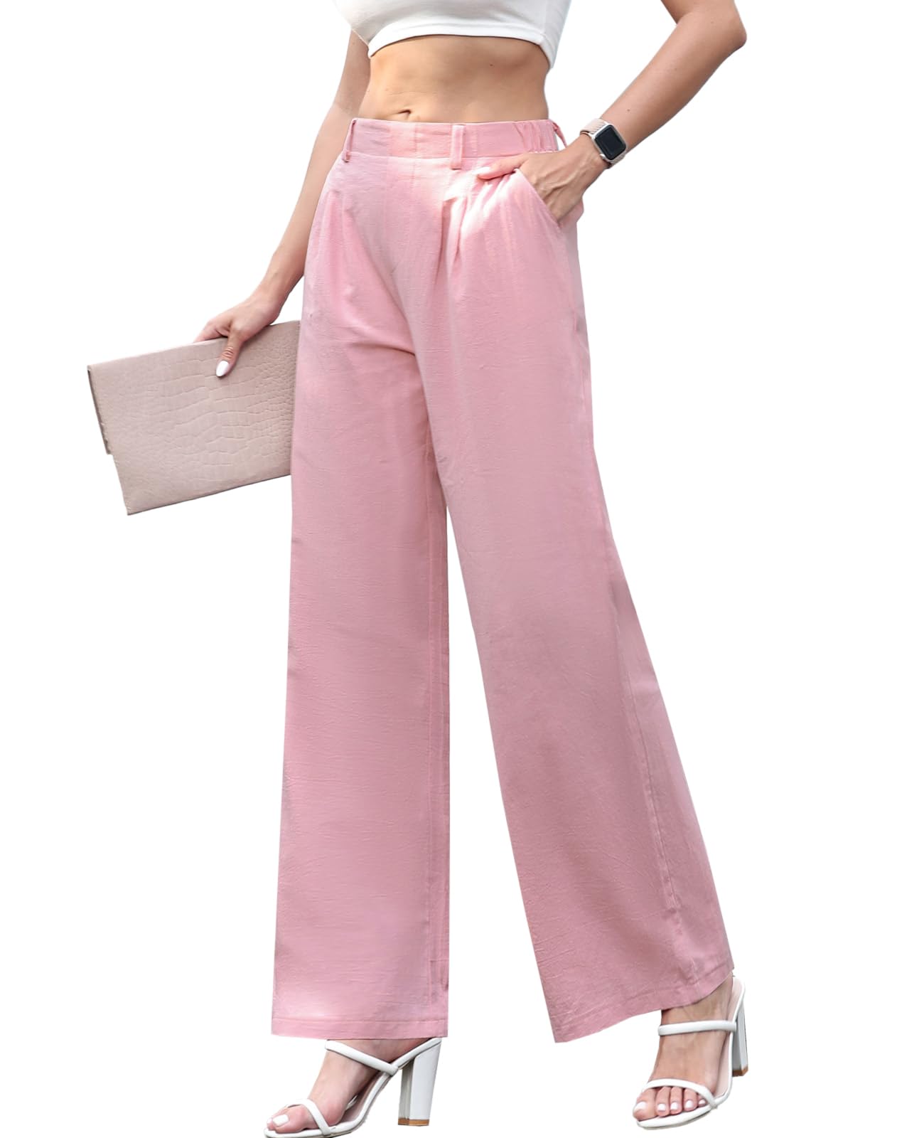 Womens Pull On Wide Leg Pants High Elastic Waisted in The Back Flowy Palazzo Causal Business Trousers with