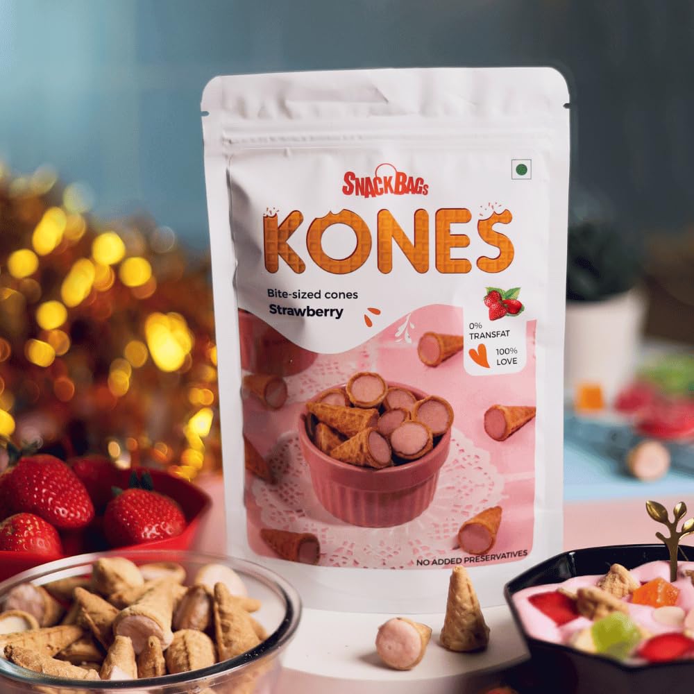 Snackbags Kones Strawberry bite Sized Cones | 100% eggless | No Preservative | Vegetarian | 30 Delicious Cones per Packet | Pack of 2