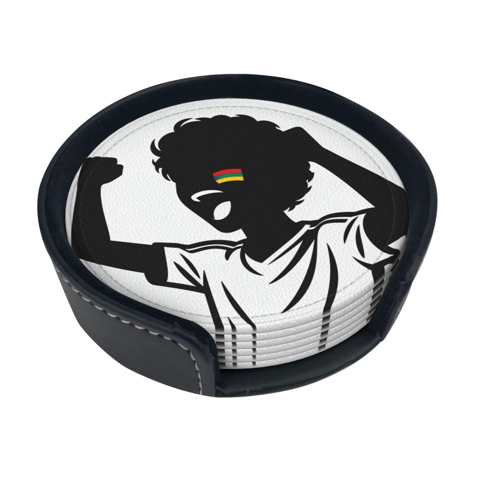 Cntdbu White Face Paint Stripe Leather Coasters Set Of 6-Pu Leather Drink Mats For Table, Heat Resistant Round Coasters With Holder