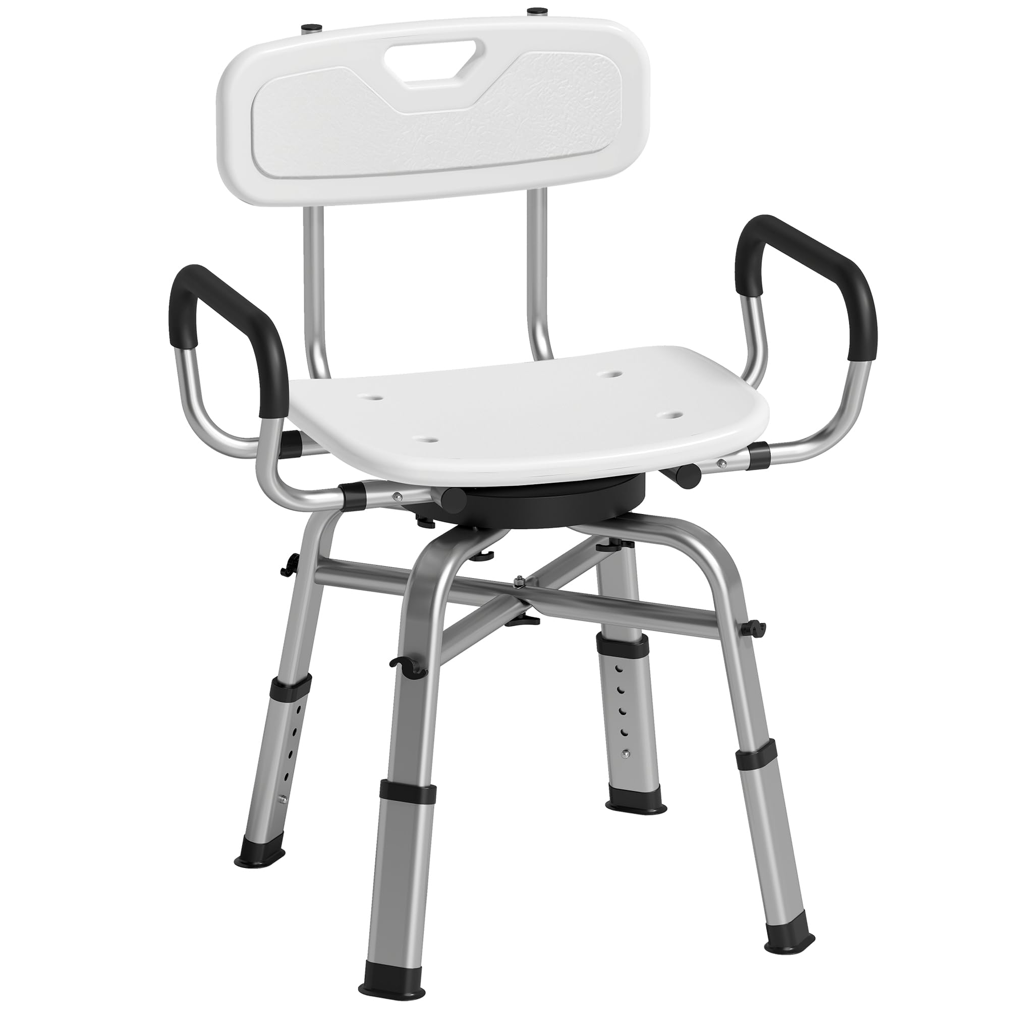 HOMCOM Sedia da Doccia Girevole 360° con Braccioli Estraibili e Schienale, Sgabello Doccia 6 Altezza Regolabile, Antiscivolo, in Lega di Alluminio, Portata 150kg, per Anziani e Disabili, Bianco