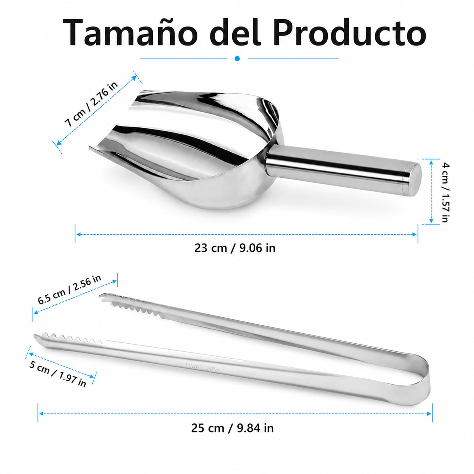 Cuchara Hielo Acero Inoxidable & Pinza de Hielo Acero Inoxidable Siumir 25 cm Pinza de Candy Pala Hielo per Alimenti para Barra, Barbacoa, Fiesta, Boda