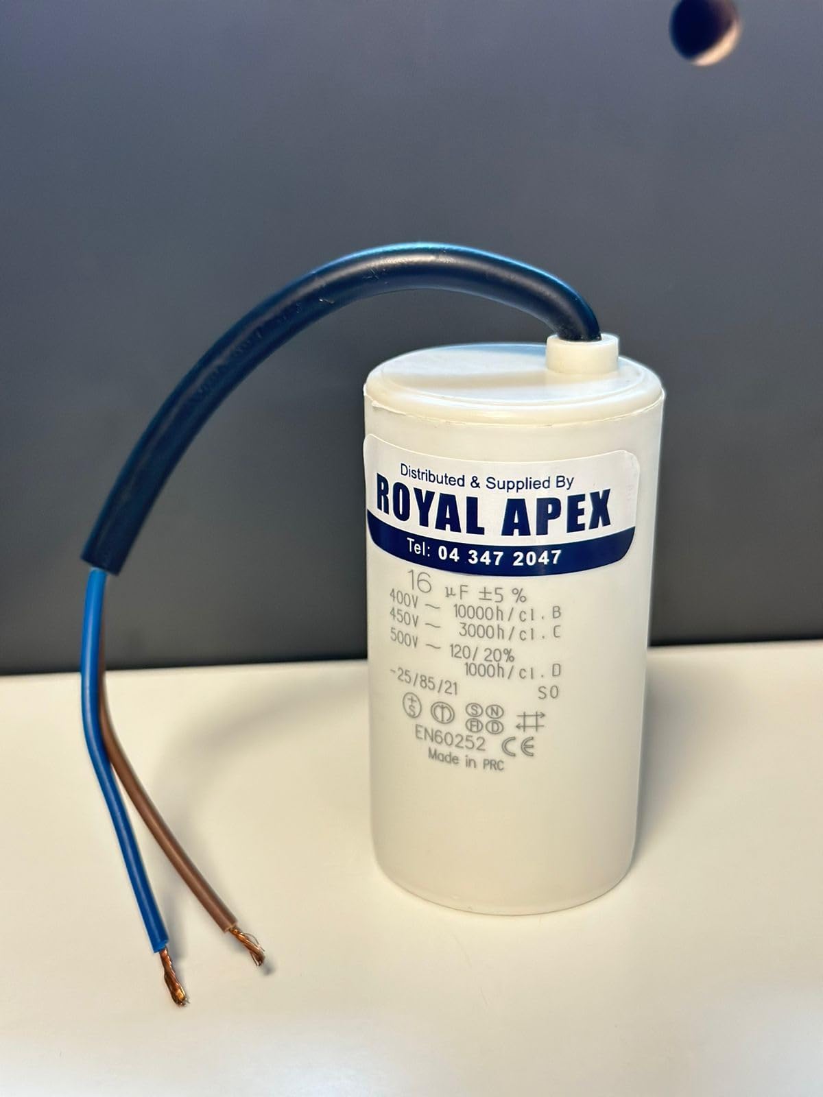 Royal Apex Wired PVC Round Capacitor With CE EN60252 Standards (WIRED 16MFD (16µF))