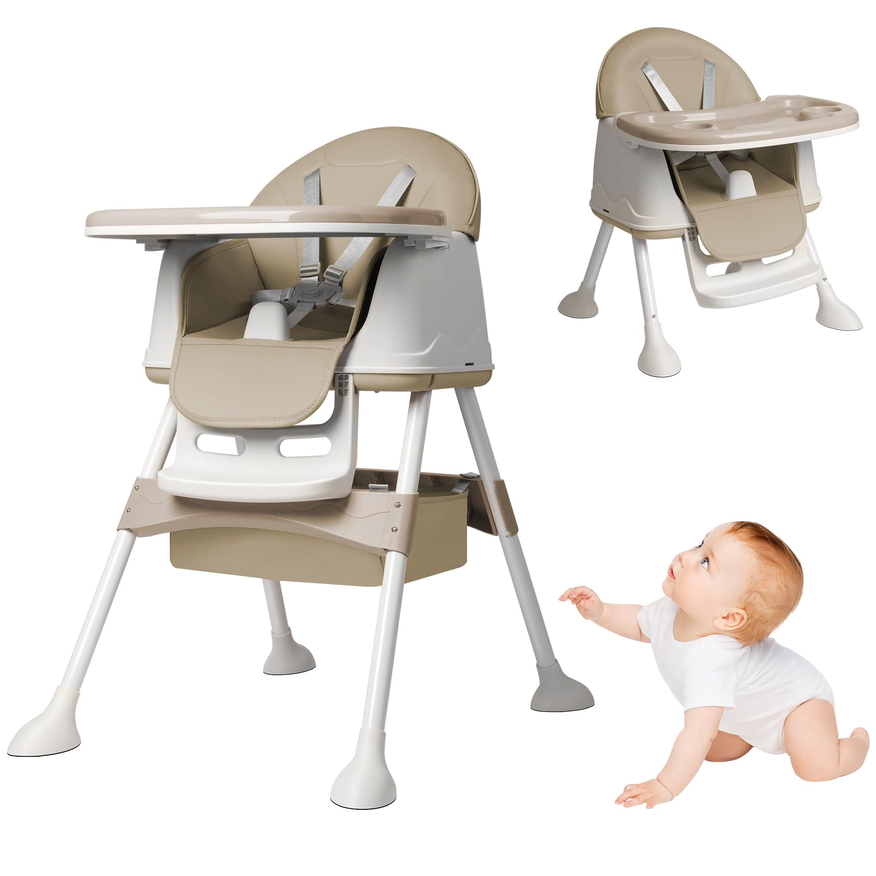 UISEBRT 3-in-1 Kinderhochstuhl, Klappbarer Baby Essstuhl mit Höhenverstellung, Verstellbarem Doppeltablett, Rollen und Abnehmbarem Sitz, Kombihochstuhl für Zuhause und Unterwegs, Beige