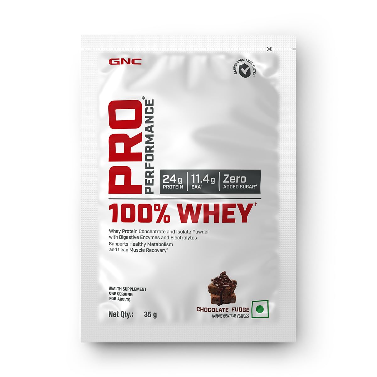 GNC Pro Performance 100% Whey Protein Powder | 35 Gm | 1 Serving | Boosts Strength & Endurance | Builds Lean Muscles | Fastens Muscle Recovery | 24g Protein | 5.5g BCAA | Chocolate Fudge