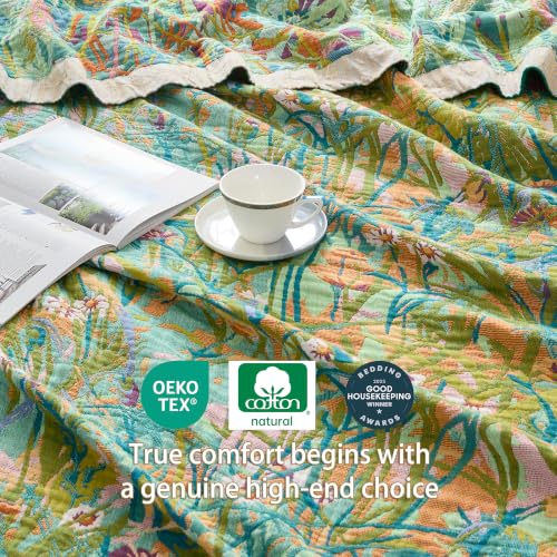Image of VANJOROY Boho Throw Blanket, 100% Organic Cotton Breathable Skin-Friendly Ultra Soft 80 inch x 90 inch Bed Quilt Green Leaf Throw - Floral Rustic Luxury Reversible Blanket for Sofa Couch Chair and Gift,