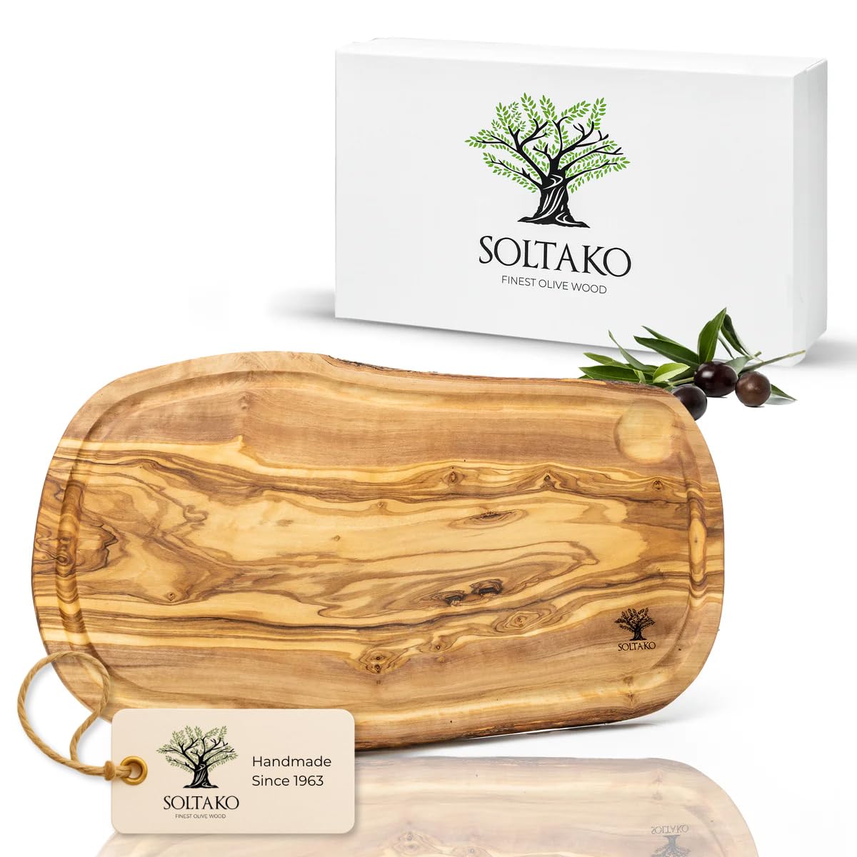 SOLTAKO "Côte d'Azur" Schneidebrett Olivenholz mit Saftrille [43 x 20 x 2 cm] natur, Brett aus Oliven Holz, Steakbrett, Servierbrett