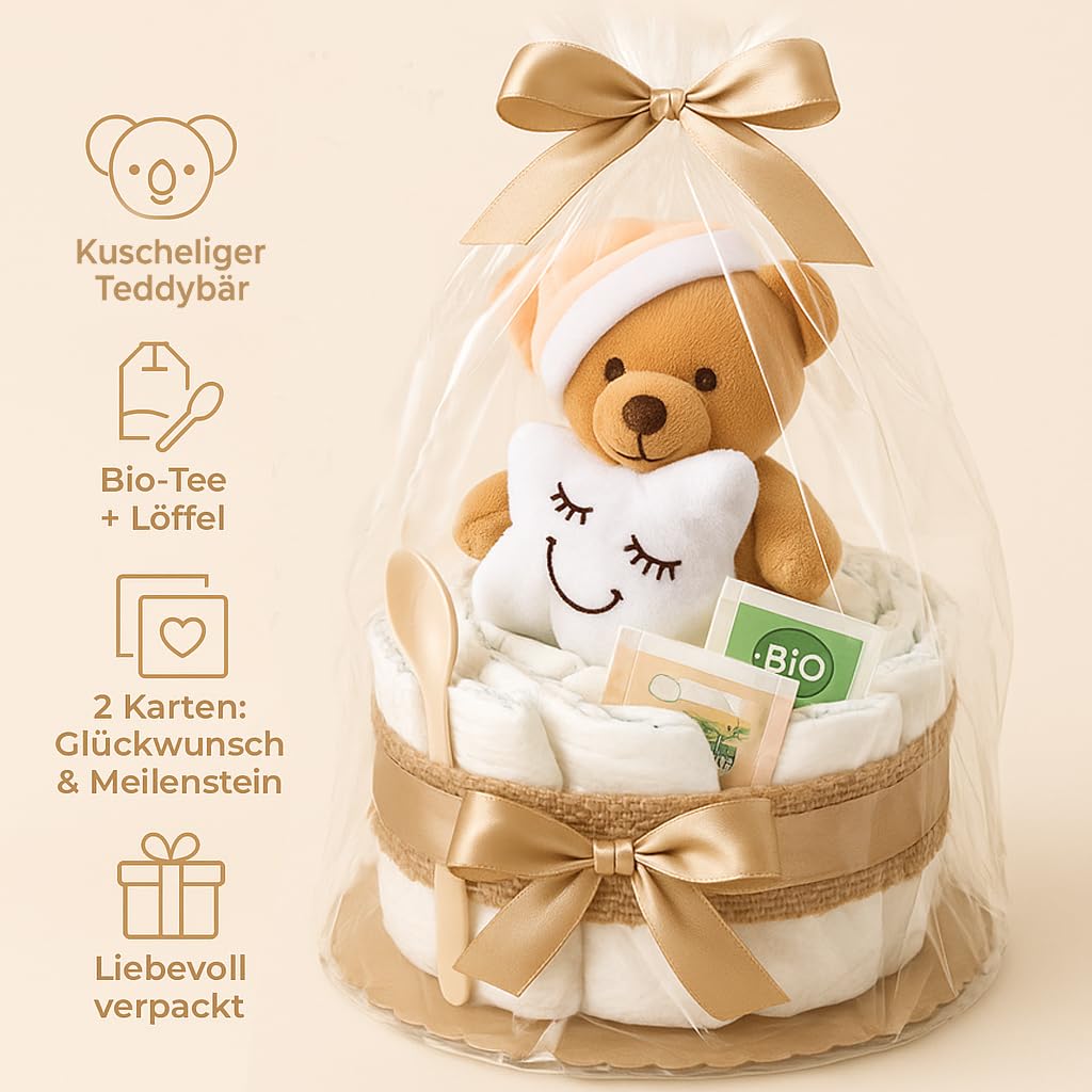 Gâteau de couches boho vintage pour bébé fille garçon avec ours en peluche, doudou et thé bio