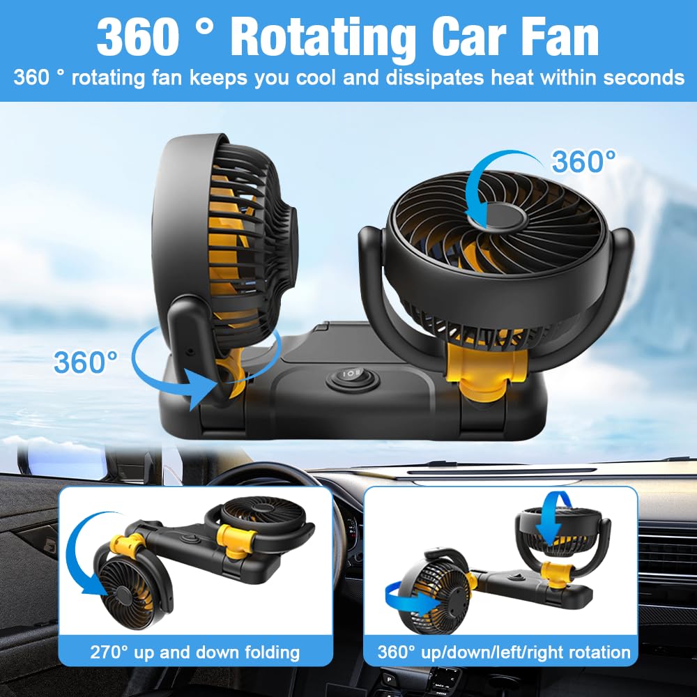 Auto Ventilator, Doppelköpfiger Ventilator Auto, 12V Auto Kühlventilator mit 2 Speed, Kühlungs Luftventilatoren, Kfz Lüfter Auto Ventilator für Auto Van SUV RV Boot, 360 Grad Drehbarer
