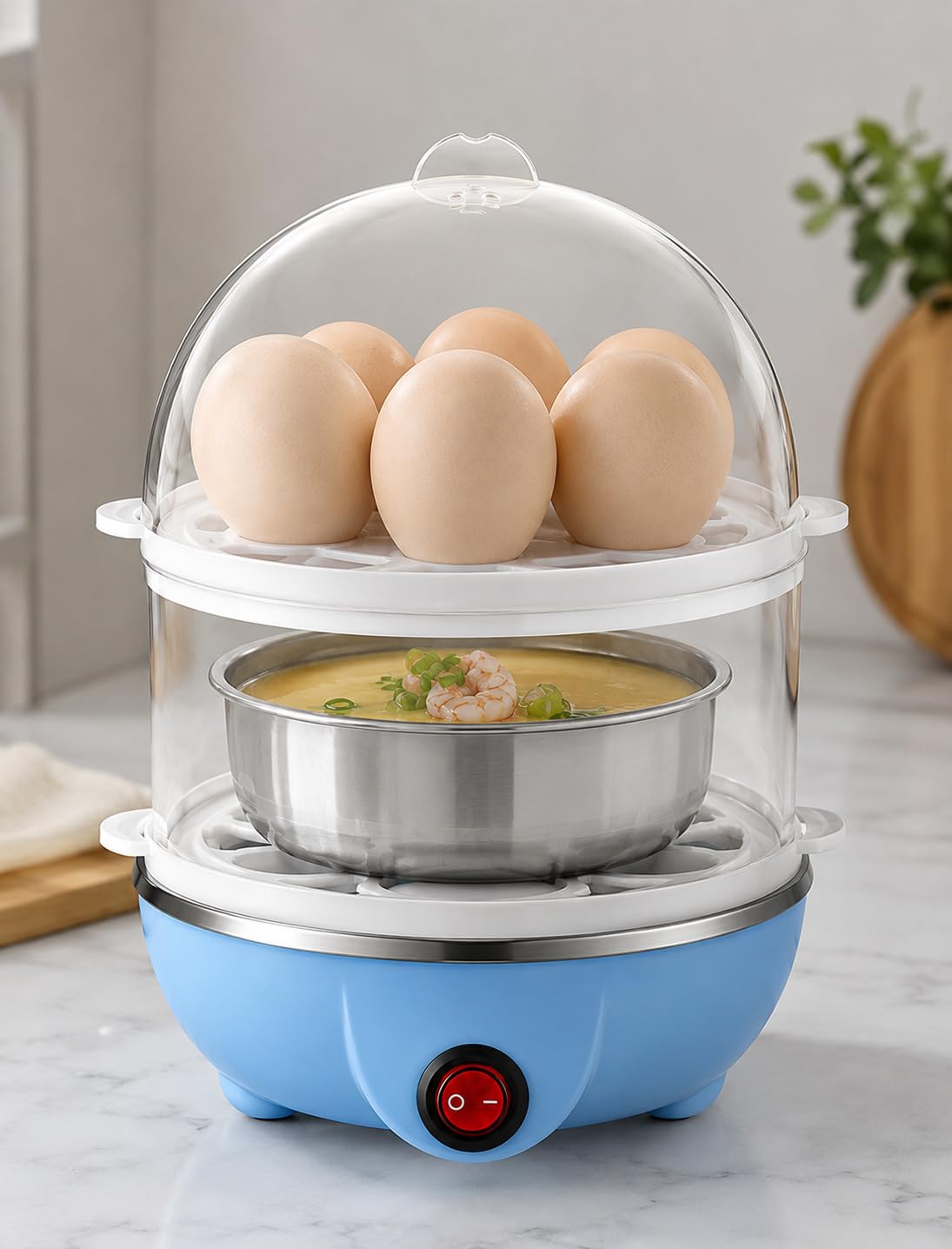Double Layer Electric Egg Cooker with Stainless Steel Bowl, Blue | 2-Tier Steamer, Auto Power-Off, Transparent Lid, Multi-Food Cooking, Compact Design-image-30