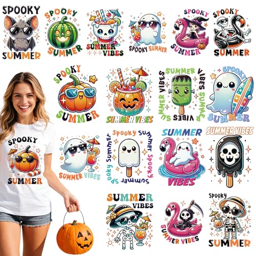INCOK Summer Halloween Iron on Transfers for T-Shirts - 18 Sheets Cute Ghost DTF Transfers Ready to Press Ice Cream Beach Heat Decals Vinyl Design for Backpack Hat Bag Dress DIY Craft Decor