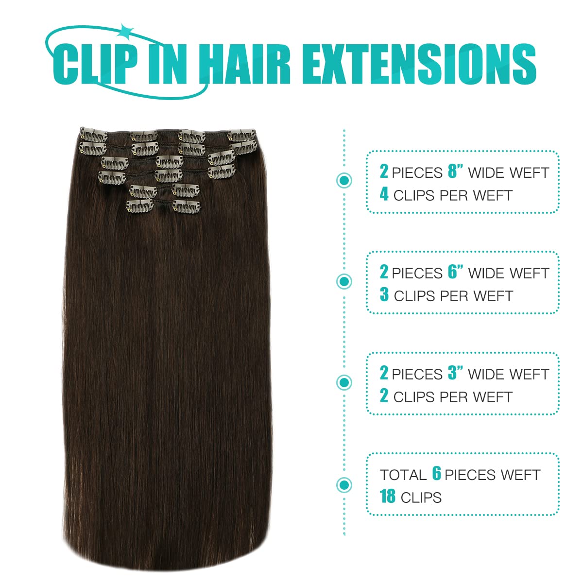 SURNEL Extensiones Clip Pelo Natural, 50cm 120g 6 Piezas, Castaño Oscuro Extensiones de Clip Natural Extensiones Pelo Remy Extensiones Cabello Postizos Mujer(C#2-50cm) — view 2