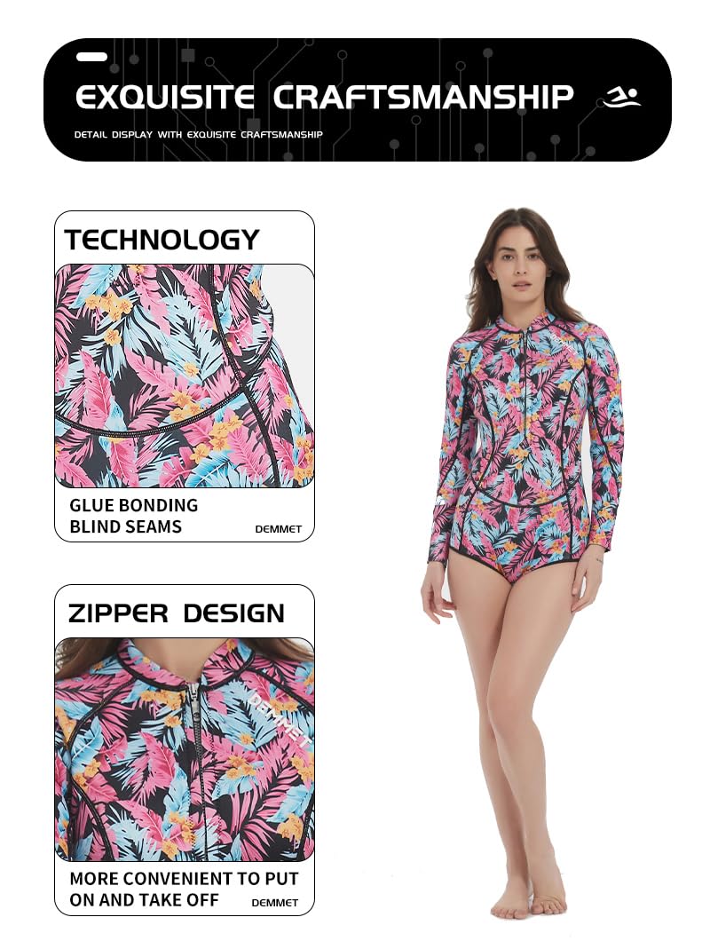 Damski krótki kombinezon neoprenowy z długim rękawem 1,5 mm/3 mm przedni zamek bikini strój kąpielowy jednoczęściowy strój do nurkowania różowy nadruk filtr przeciwsłoneczny do nurkowania z