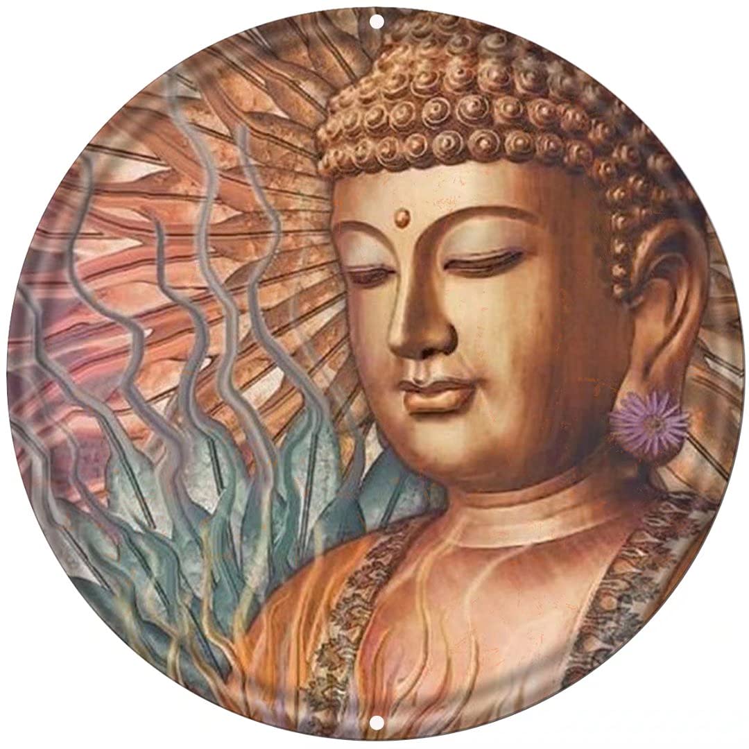 Curteny Material_tin09 12X12inch,Round Metal Tin Sign Rustic Wall Decor,Buddha,Round Metal Sign Plaque For Home Garden Kitchen Bar Cafe Restaurant Garage Retro Vintage Wall Art,Metal Wreath Sign